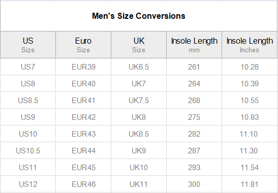 Balloon Dog Apparel sizing guide for Men's Boots