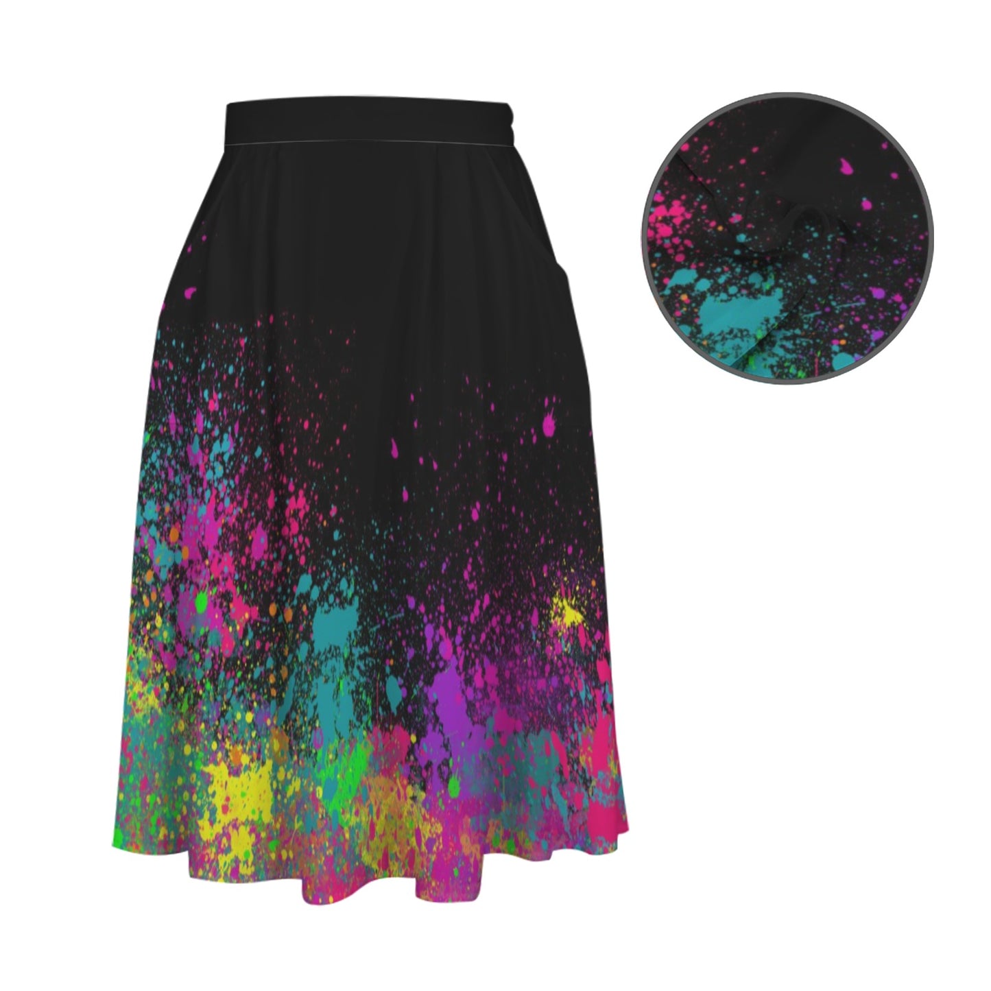 Black skirt with colorful splatter pattern on a white background