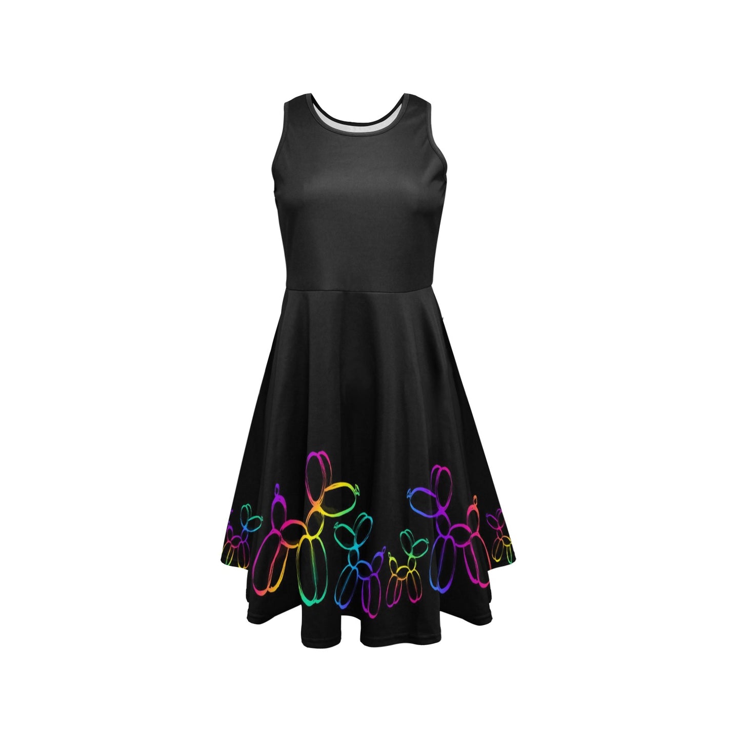 Rainbow balloon dogs on black skater dress for balloon twisters and entertainers