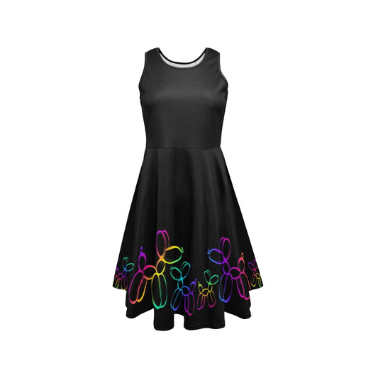 Rainbow balloon dogs on black skater dress for balloon twisters and entertainers