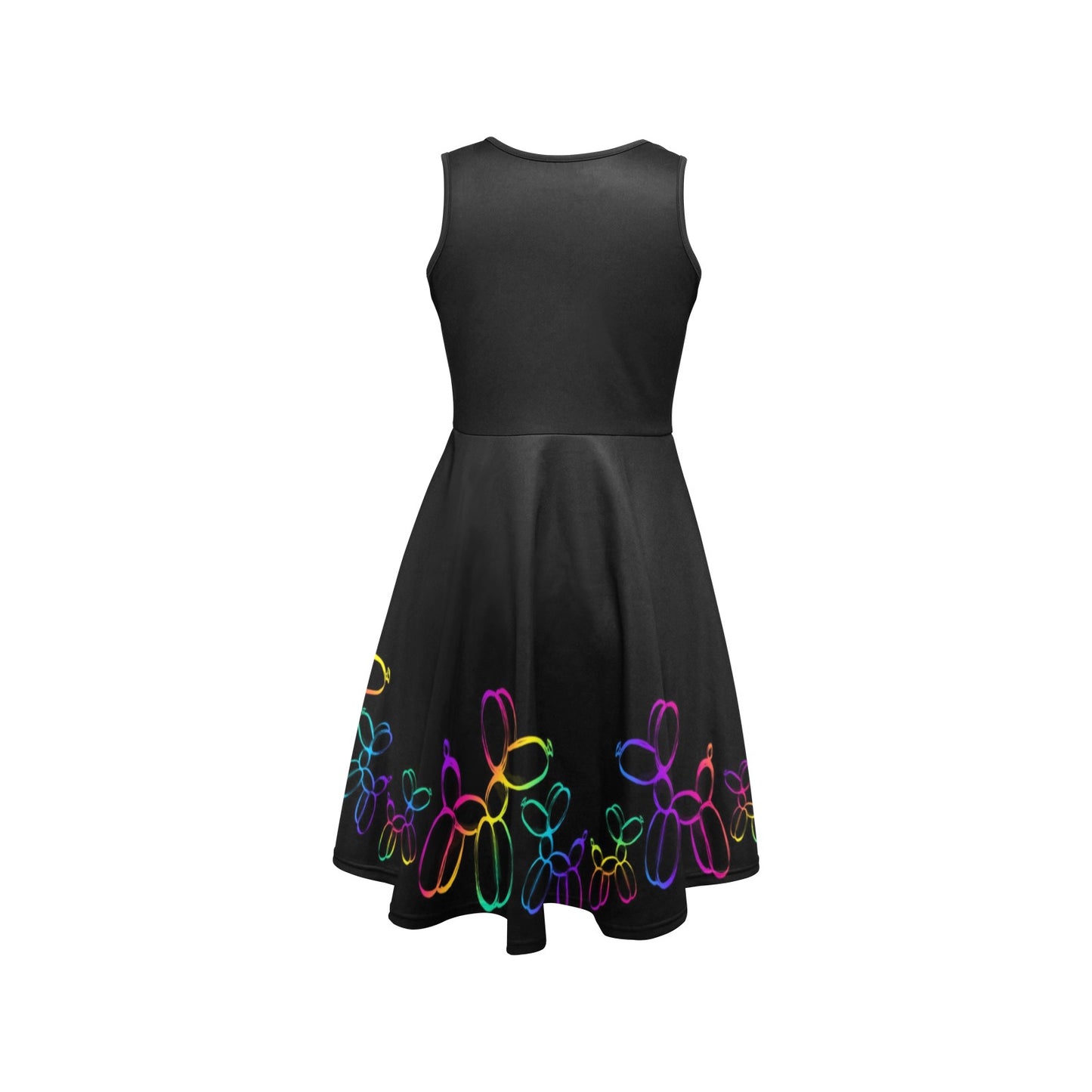 Colourful balloon dogs printed on black dress for face painters and balloon twisters