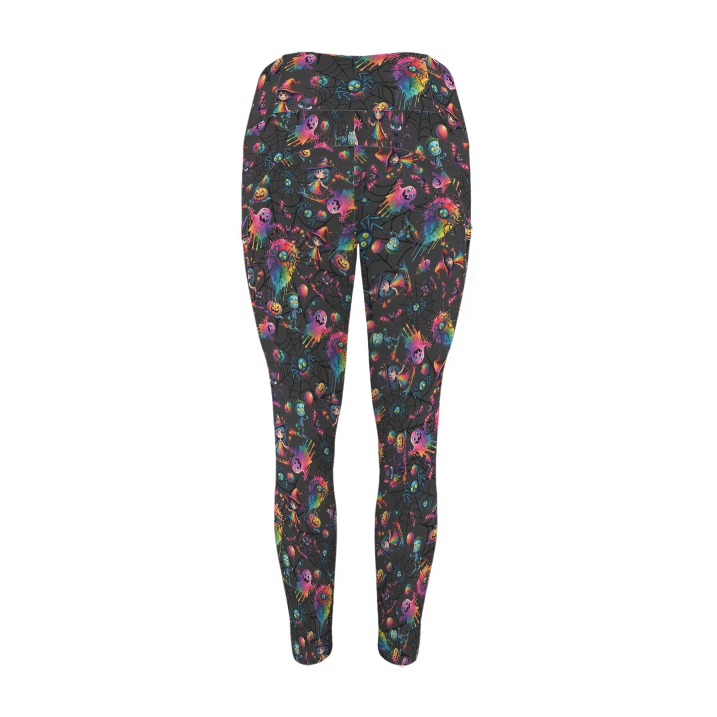 Colourful Halloween Characters on black leggings with pockets for Face Painters and Balloon Twisters