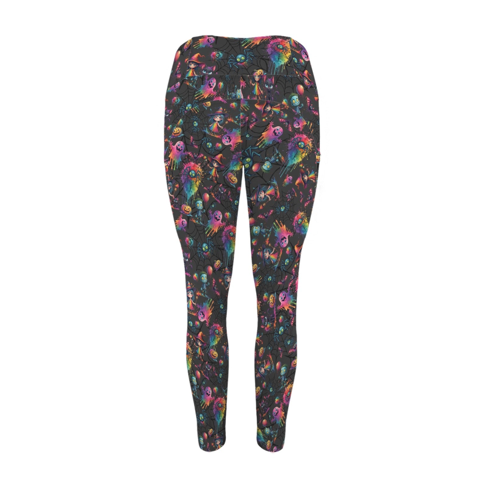 Colourful Halloween Characters on black leggings with pockets for Face Painters and Balloon Twisters