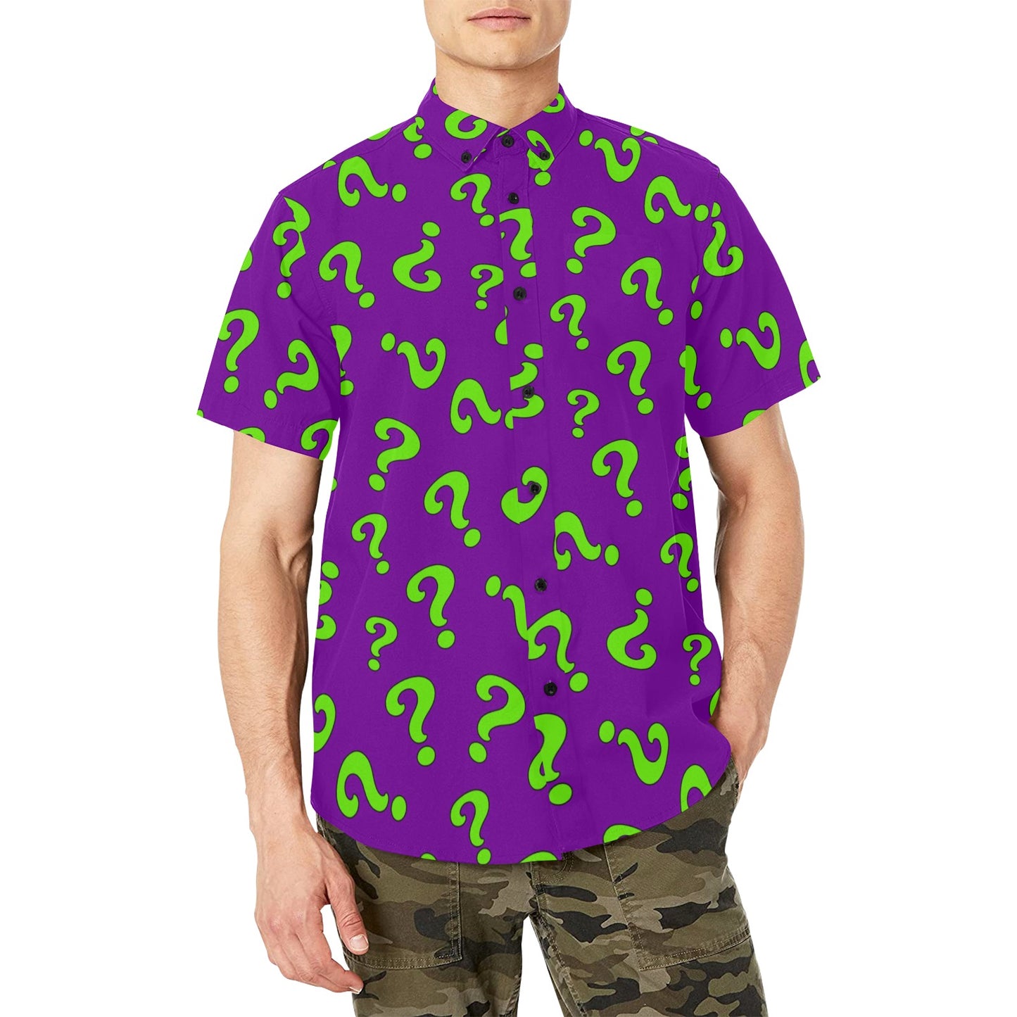 Entertainer wearing a purple shirt with green question mark pattern