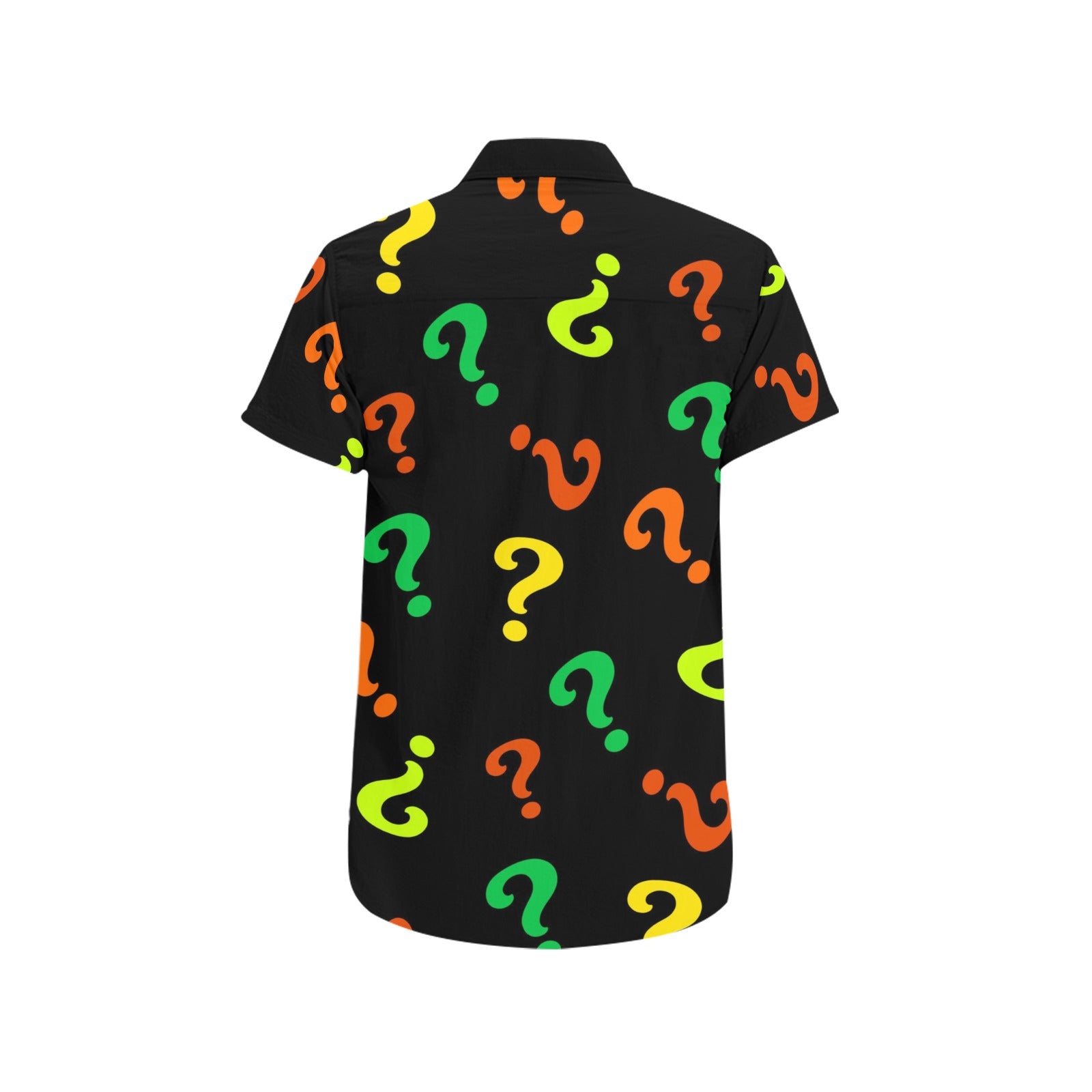 Orange and green question marks on black shirt for magicians