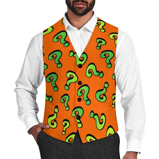 Orange vest with green question marks