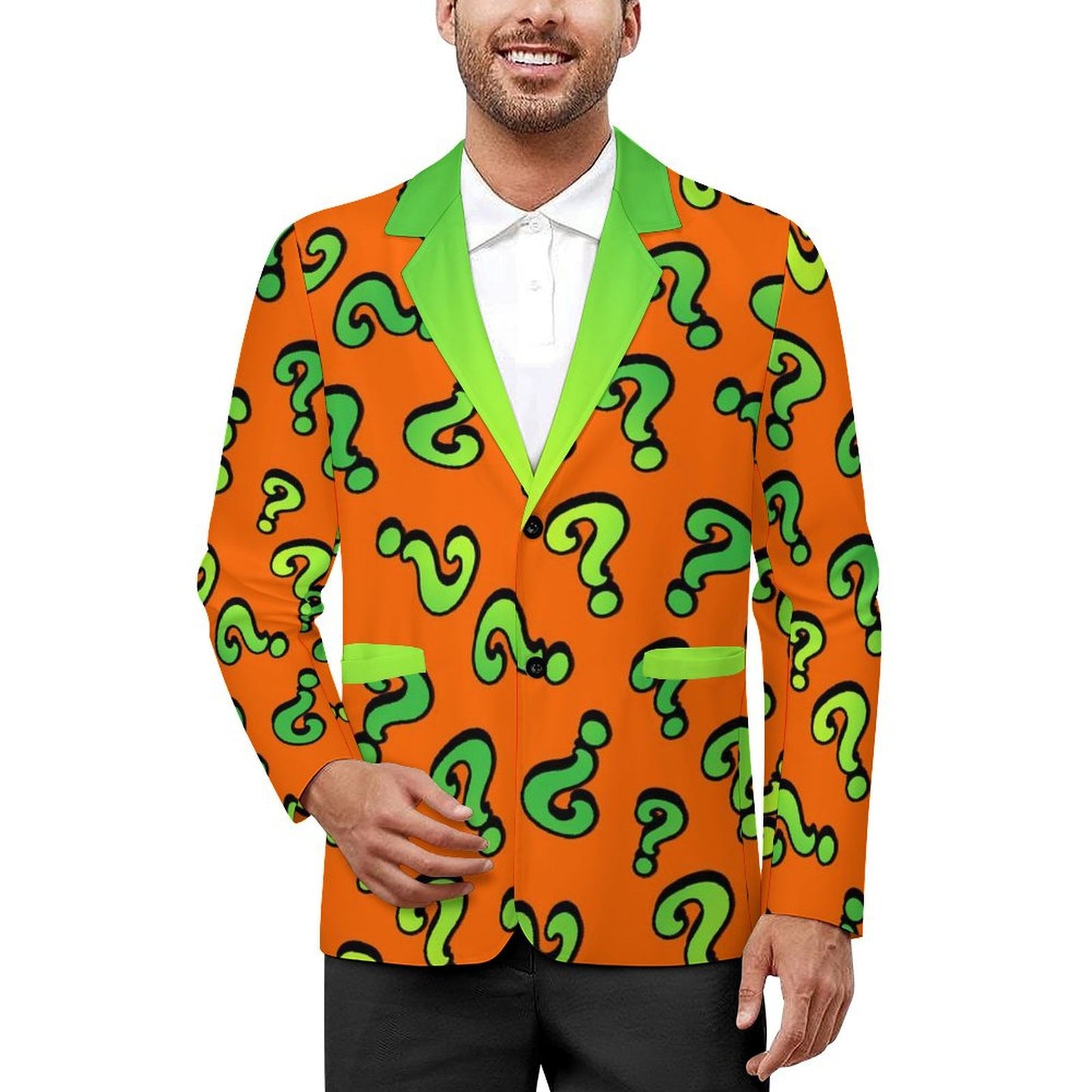 Man wearing an orange blazer with green question mark patterns