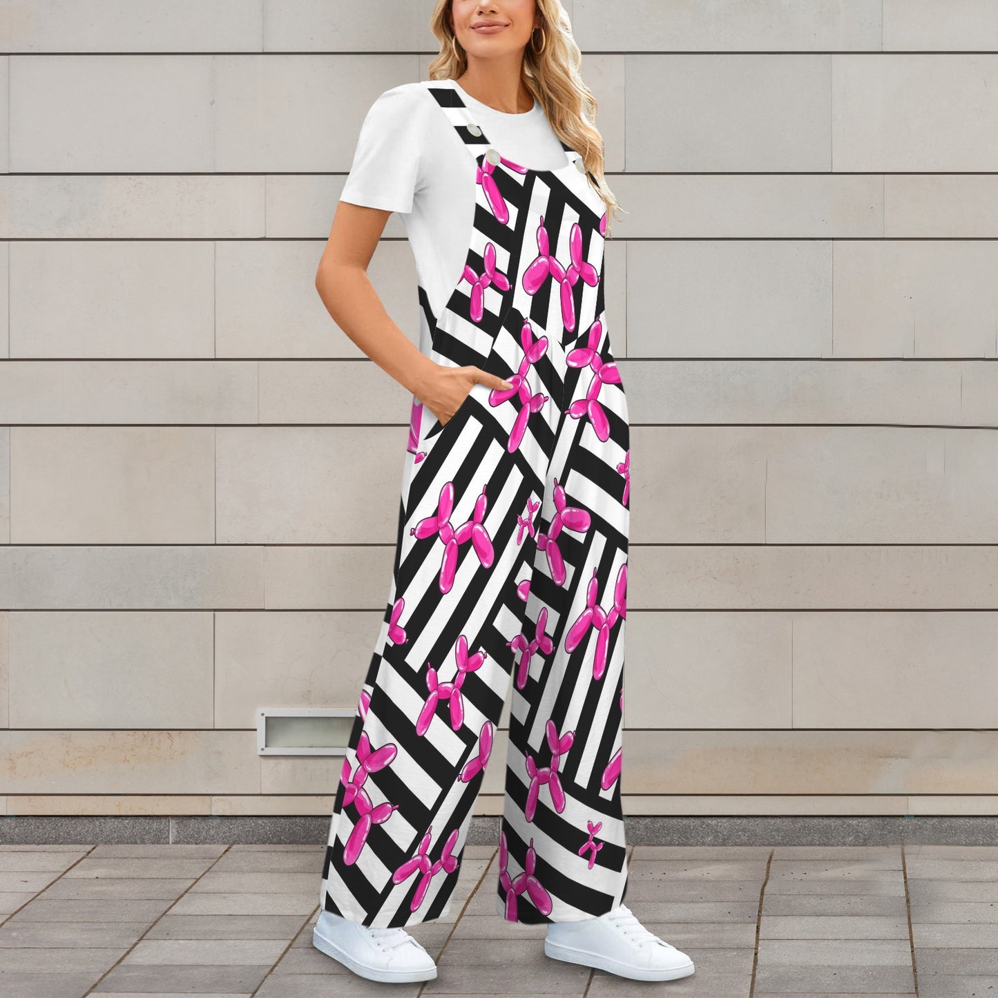 Stripey overalls with pink balloon dogs