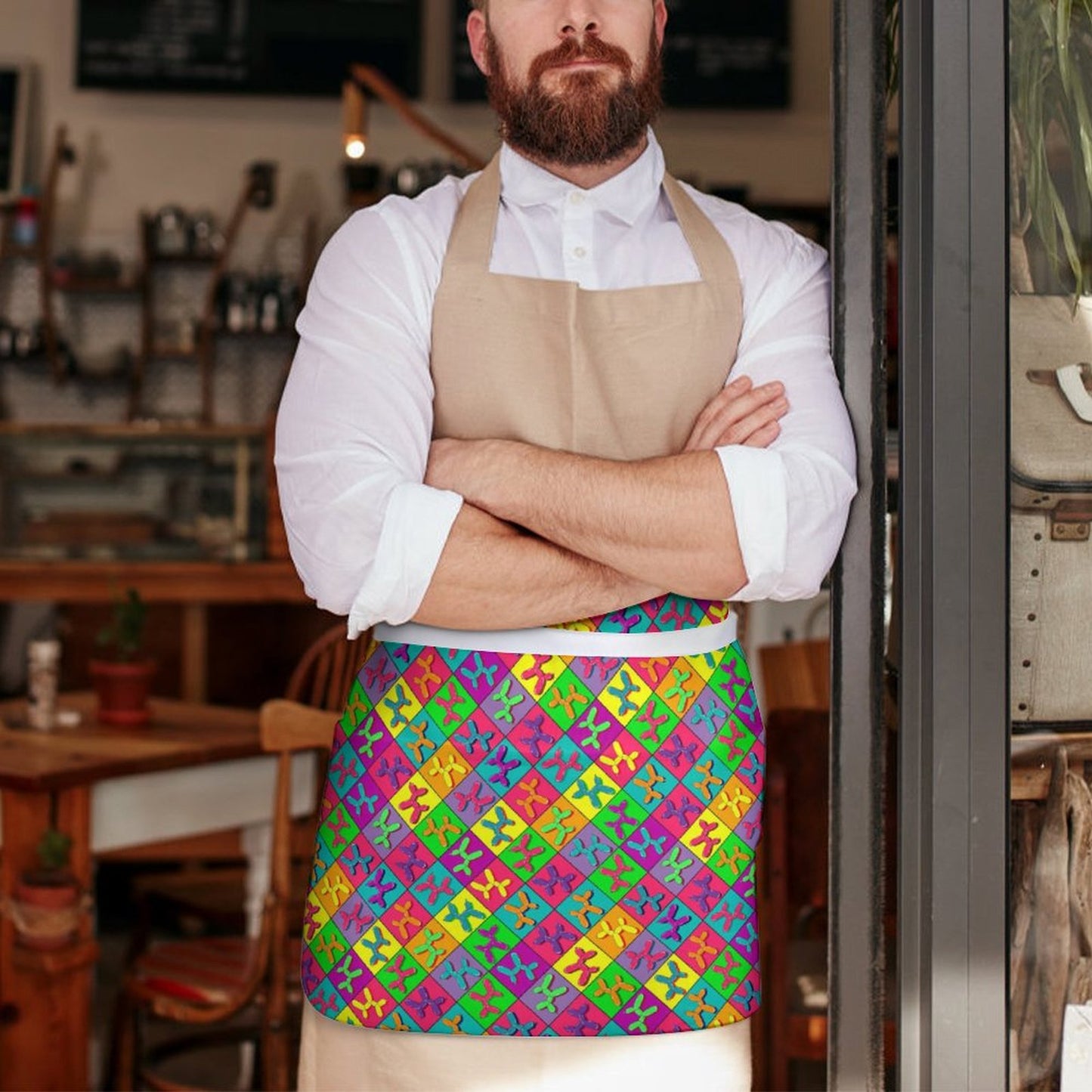Balloon twisting apron with colourful balloon dogs