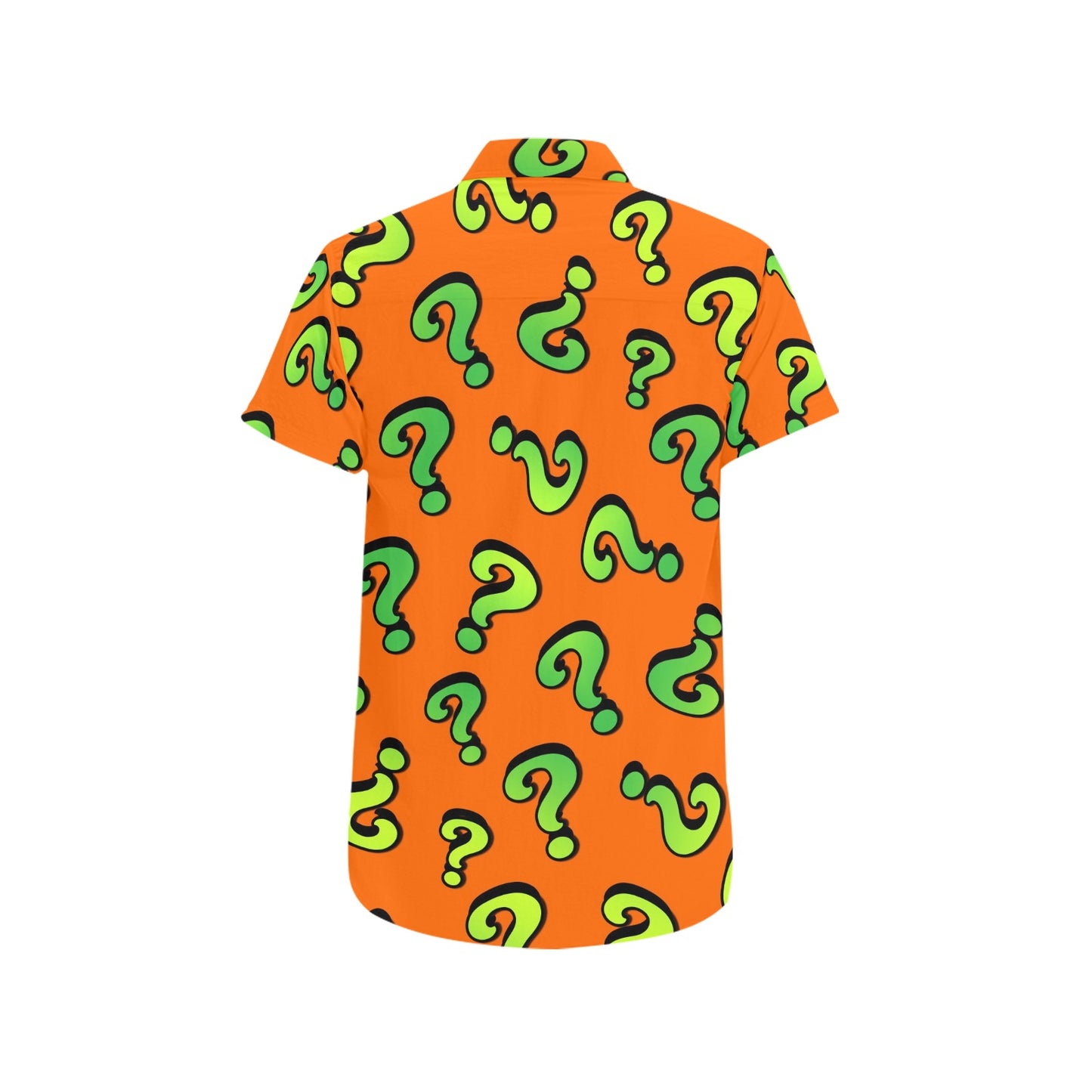Orange shirt with green question mark pattern on for entertainers