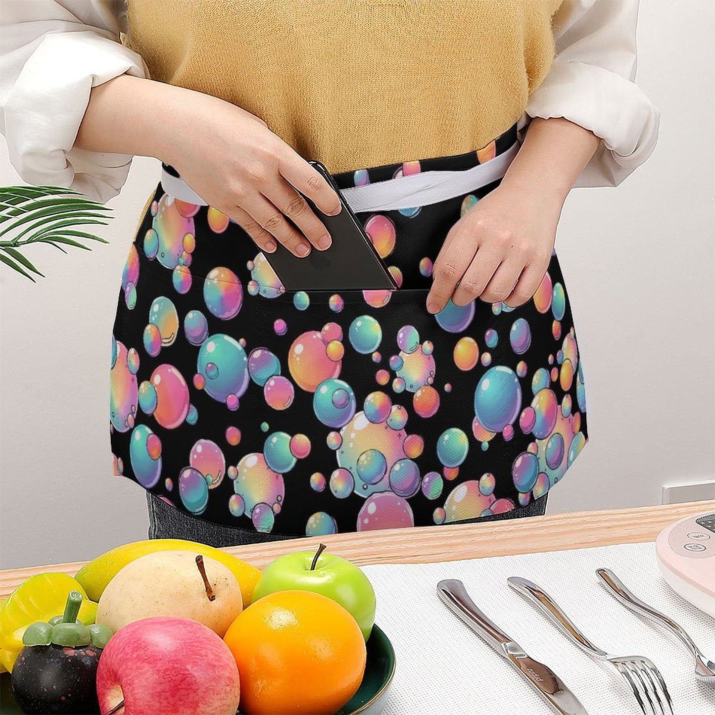 black apron with rainbow bubbles for bubble artists and face painters