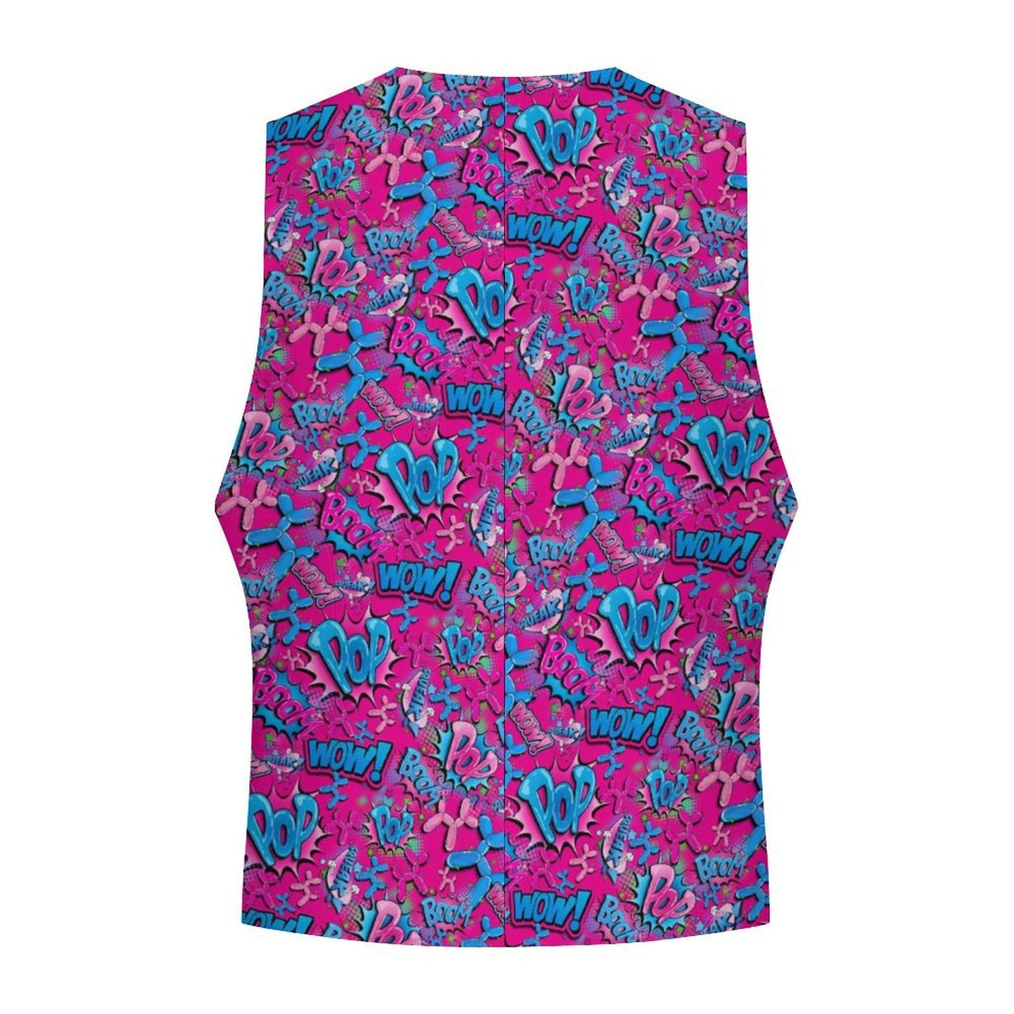 Vest for Balloon Twister. Pink with blue balloon dogs and pop art text