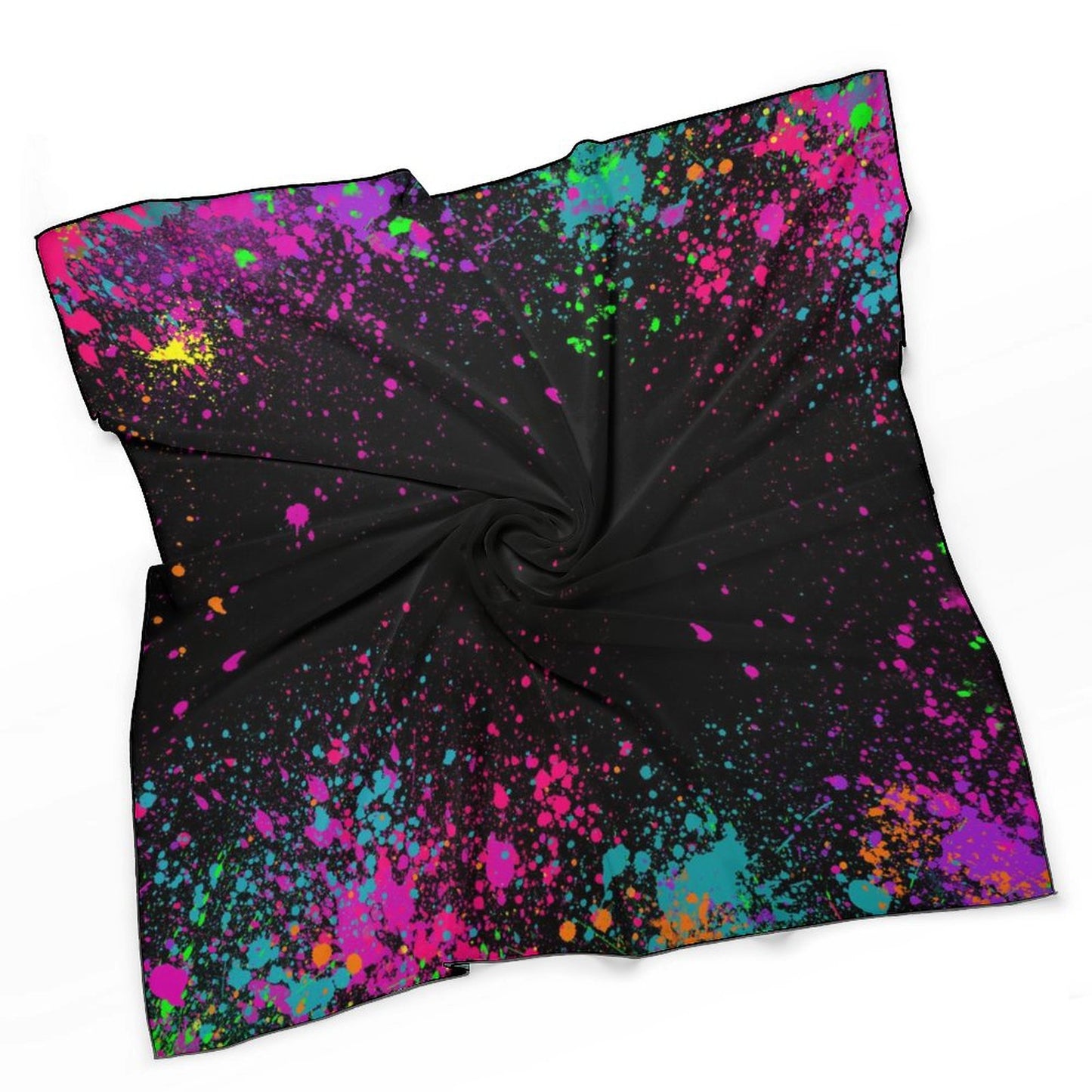 Black scarf with colorful splatter pattern on a white background