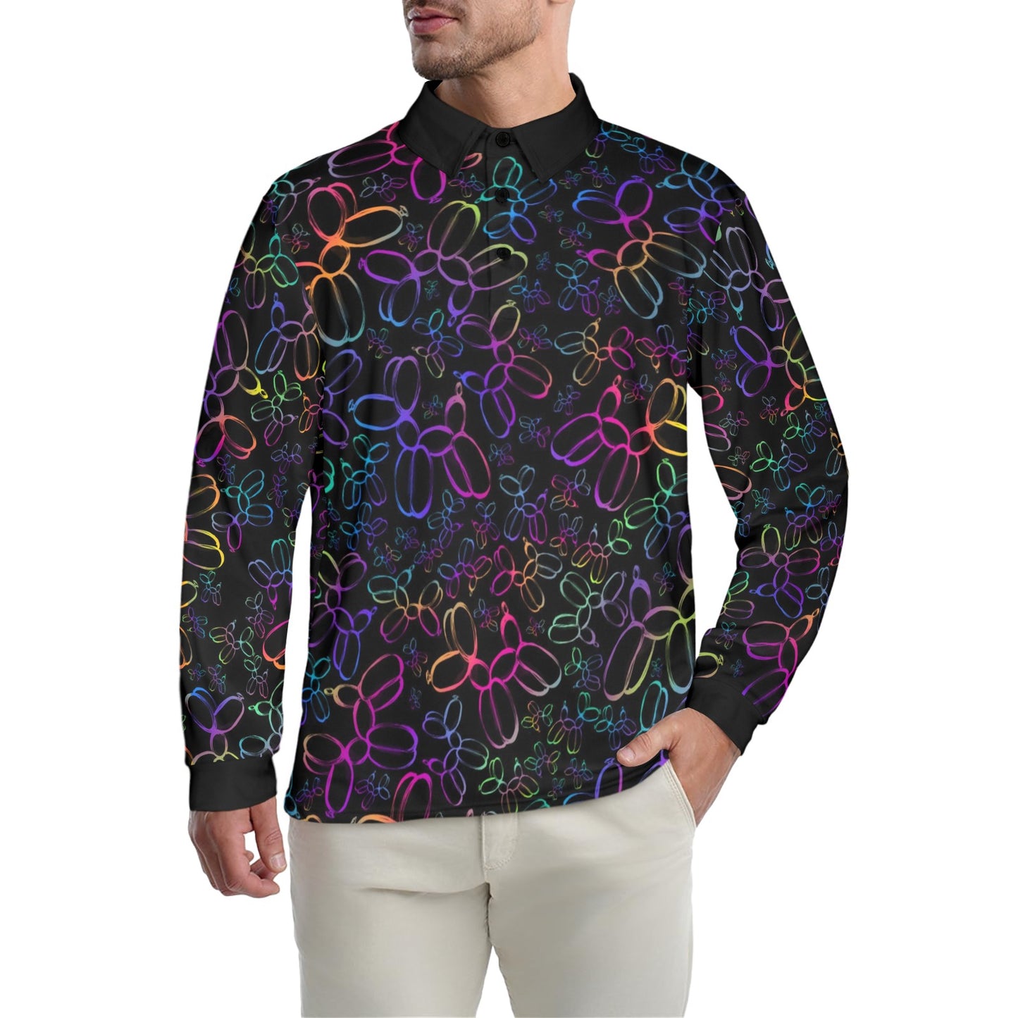 Rainbow balloon dogs on long sleeve polo shirt