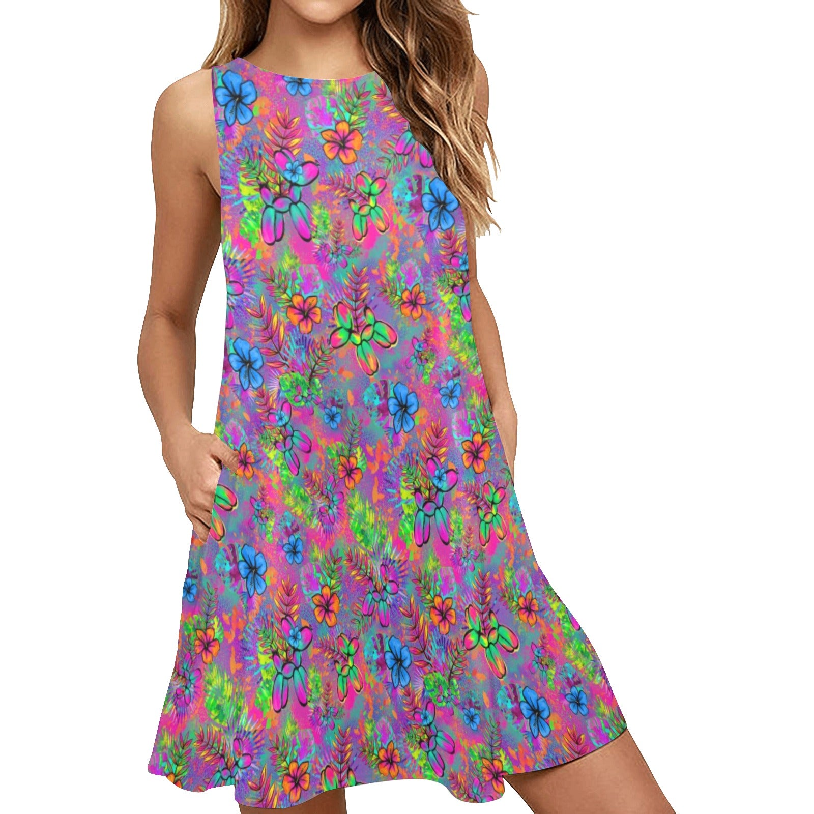 Tropical Balloon Dogs On Pink - Flared Shift Dress with Pockets M Tropical Balloon Dogs On Pink - Flared Shift Dress with Pockets M
