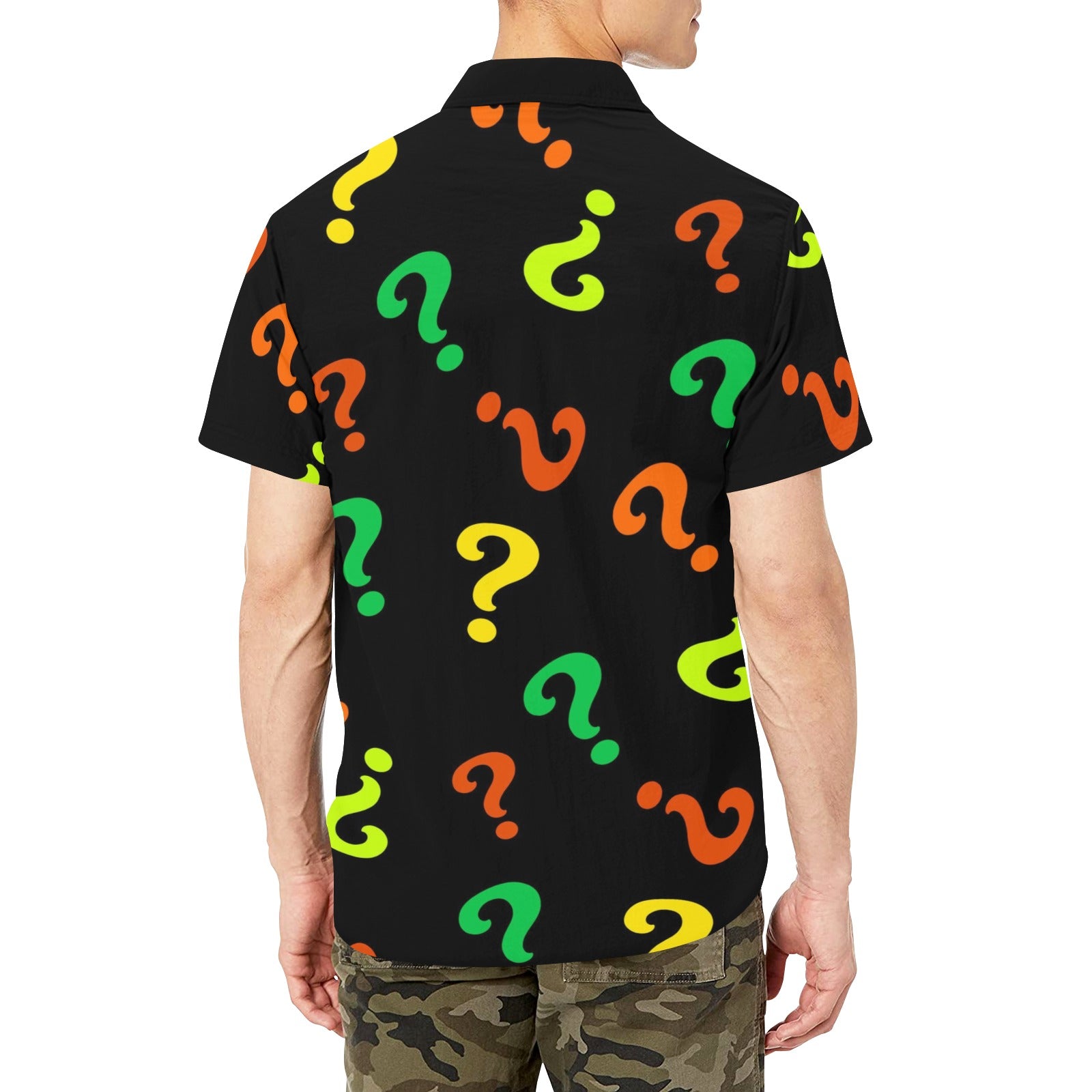 Black shirt with Orange yellow and green question marks