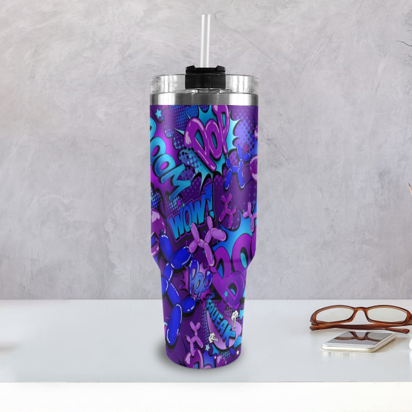Insulated cup for Balloon artists and entertainers purple and blue balloon dog design