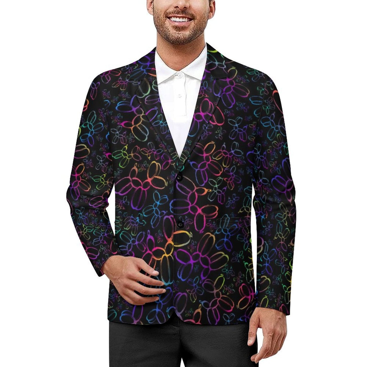 Black suit jacket with rainbow balloon dog design