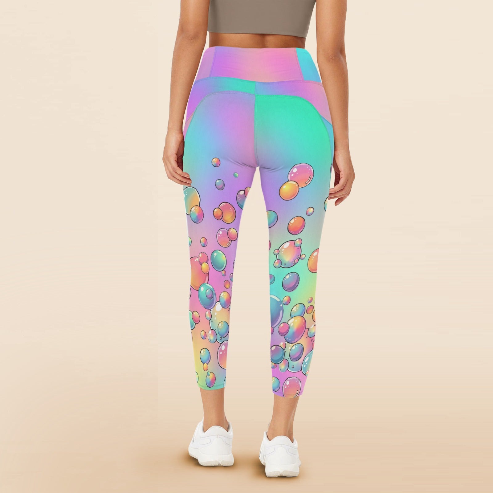 Person wearing colourful bubble-patterned leggings for bubble artists