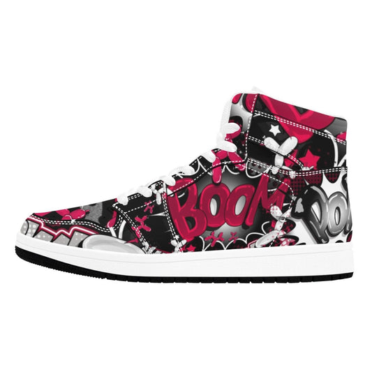 Balloon Twister shoes in red, black and white with pop art text