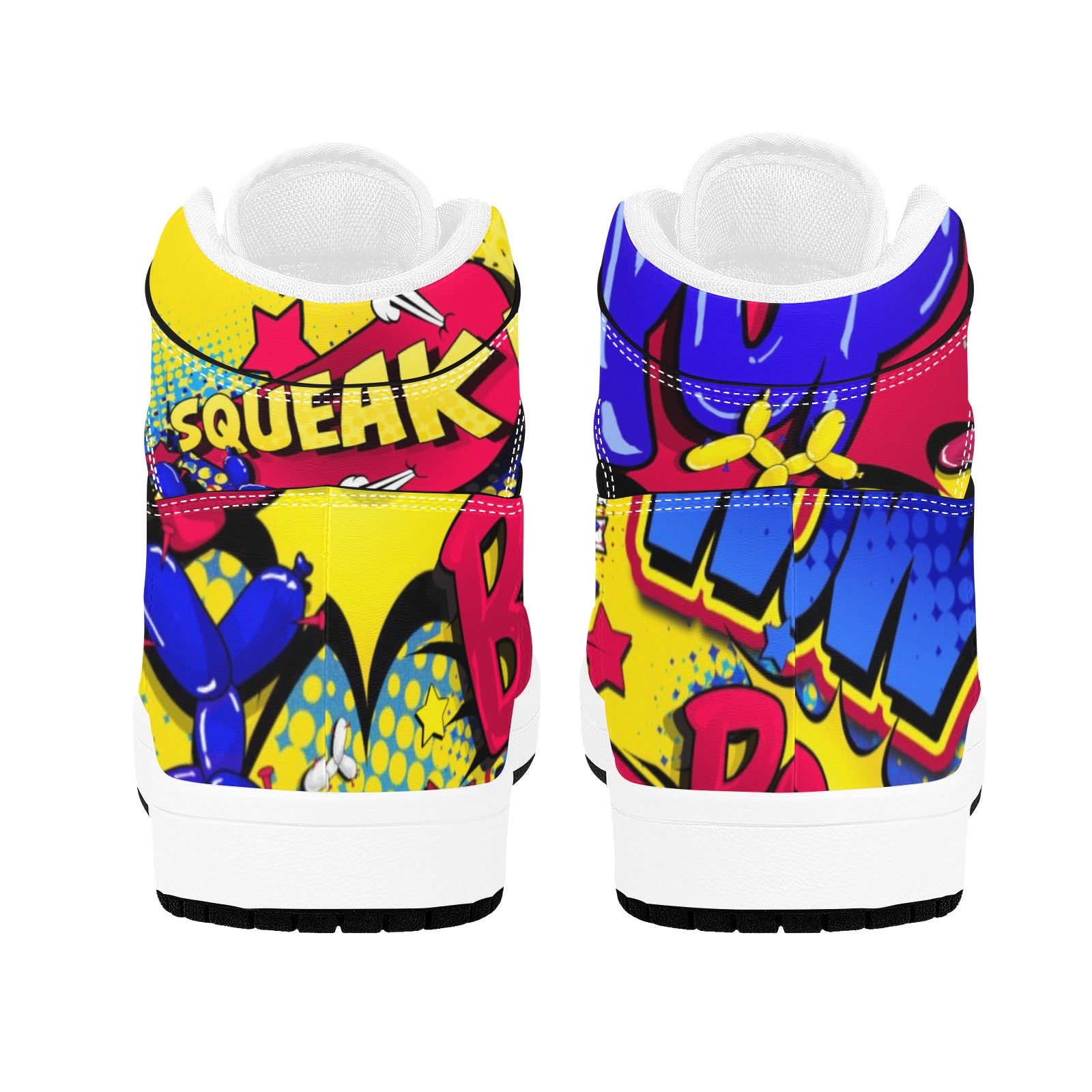 Fun colourful shoes with balloon dogs. Red, yellow and Blue