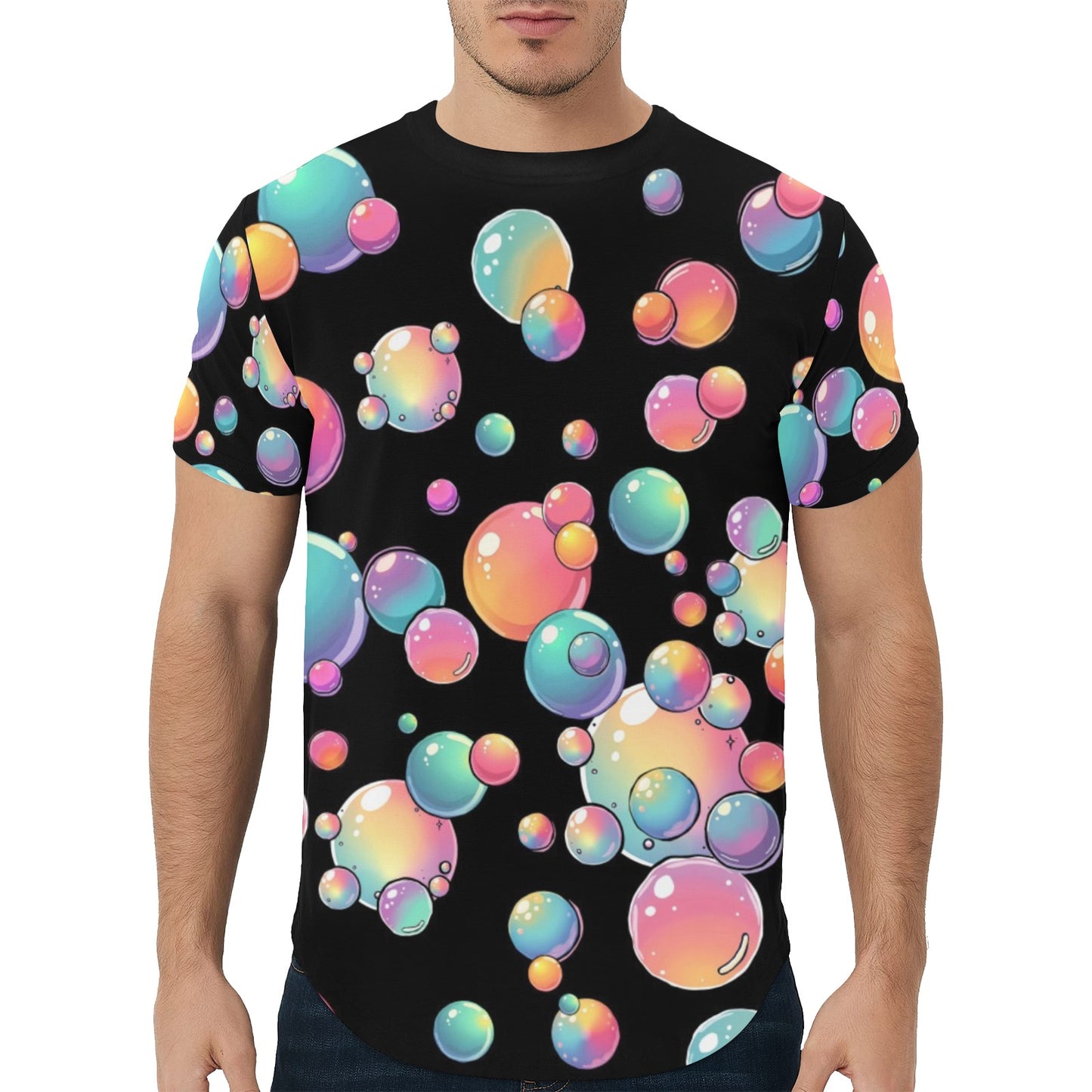 Black T-Shirt with rainbow bubble print