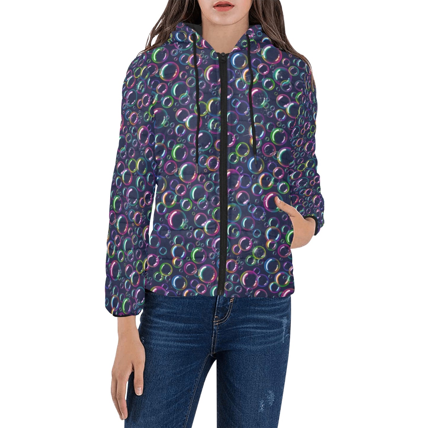 Rainbow bubbles design on padded jacket