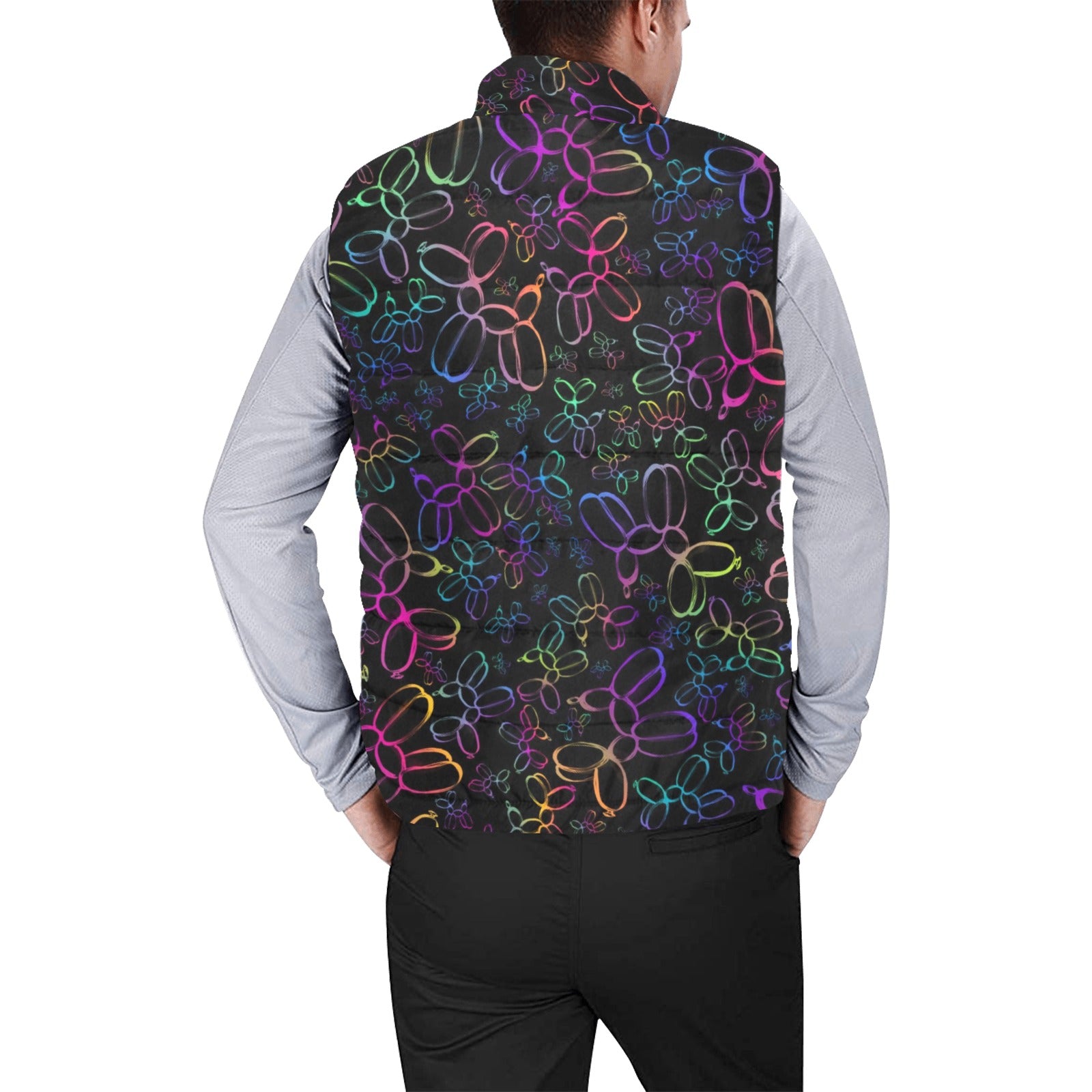 Black puffer vest with colourful balloon dogs for balloon twisters
