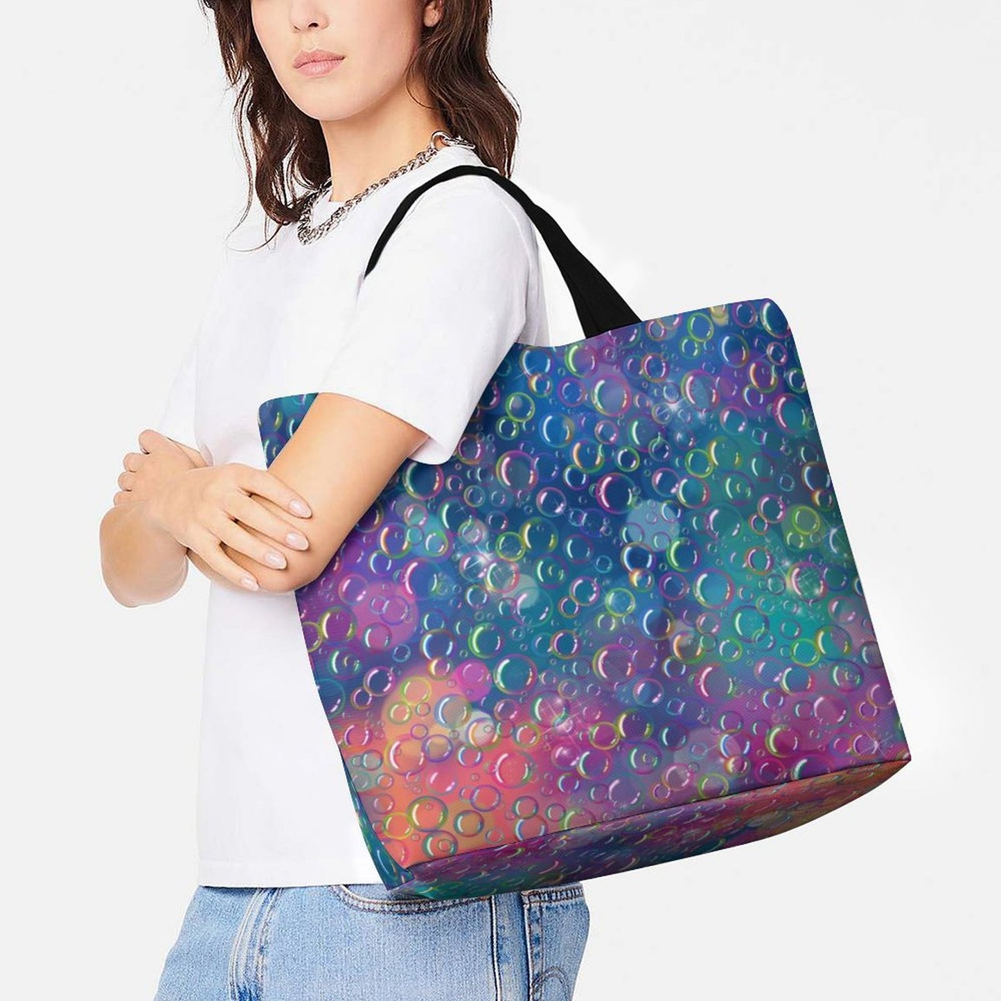 Fun colourful grocery bag covered in bubbles