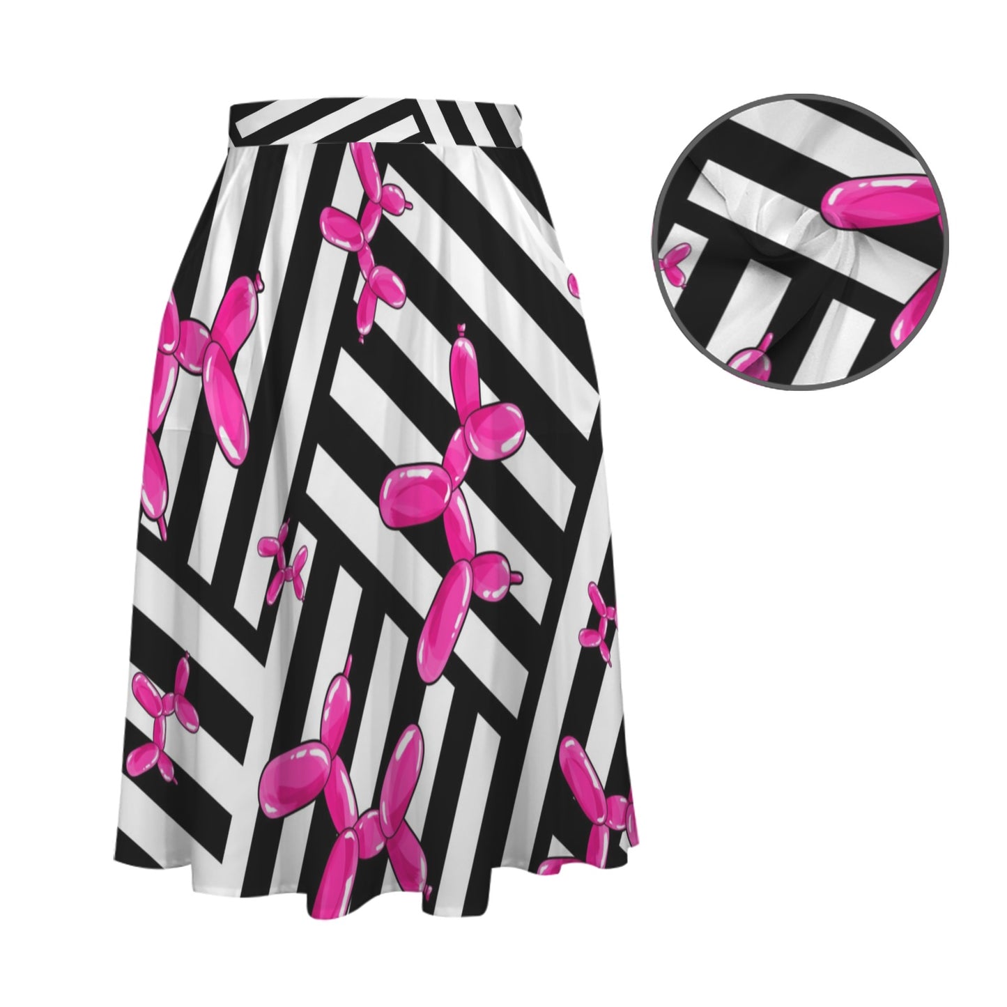 Skirt with pink balloon dog design on black and white striped background