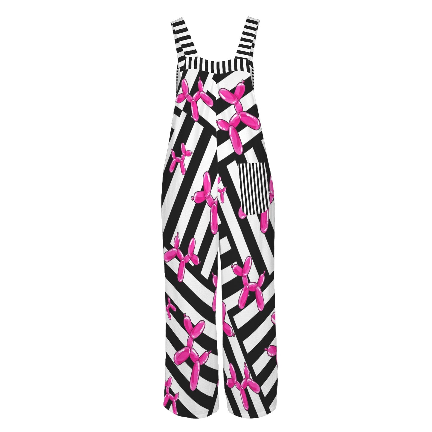 Crazy striped overalls with pink balloon dogs for balloon artists