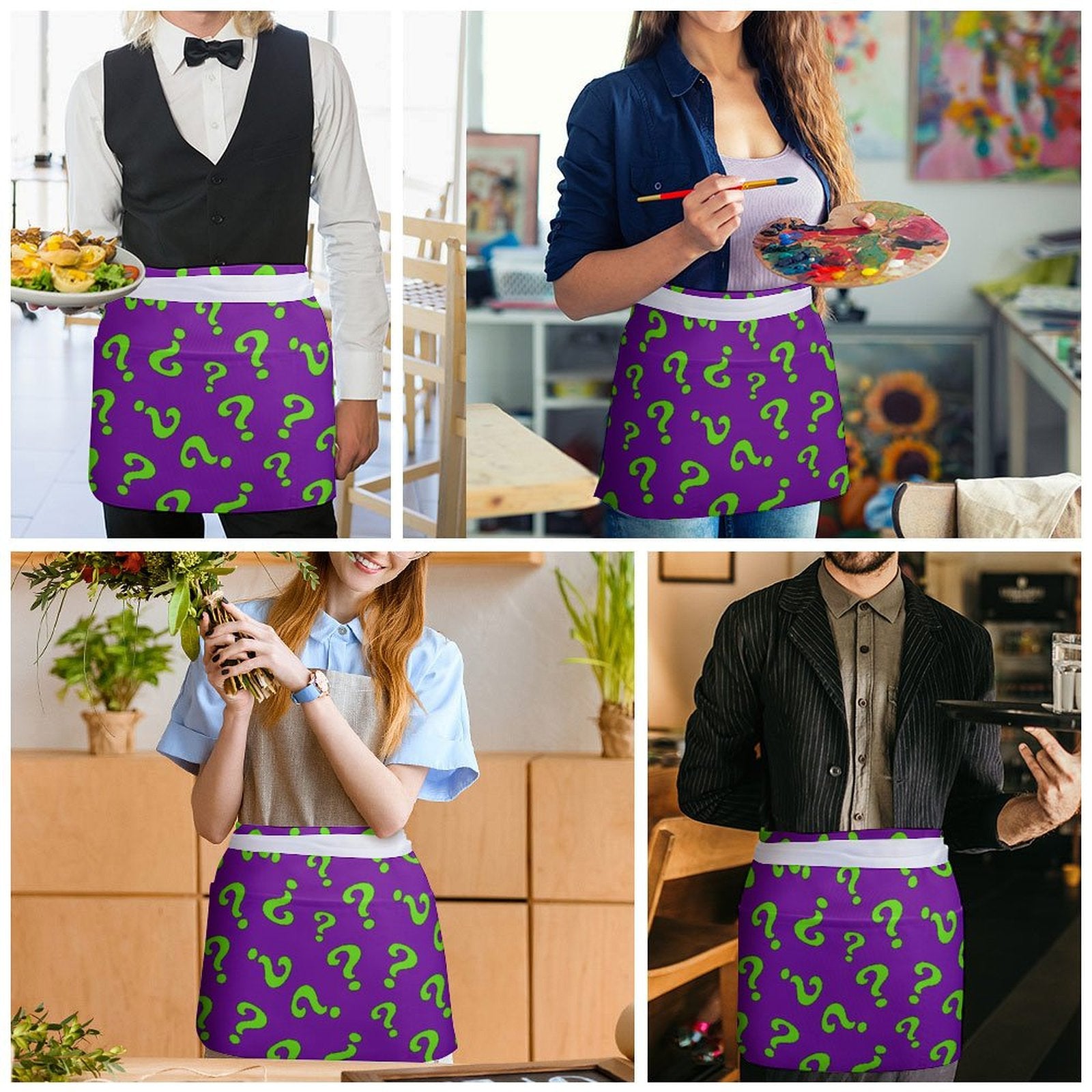 Purple aprons with green question marks worn by people in various settings.
