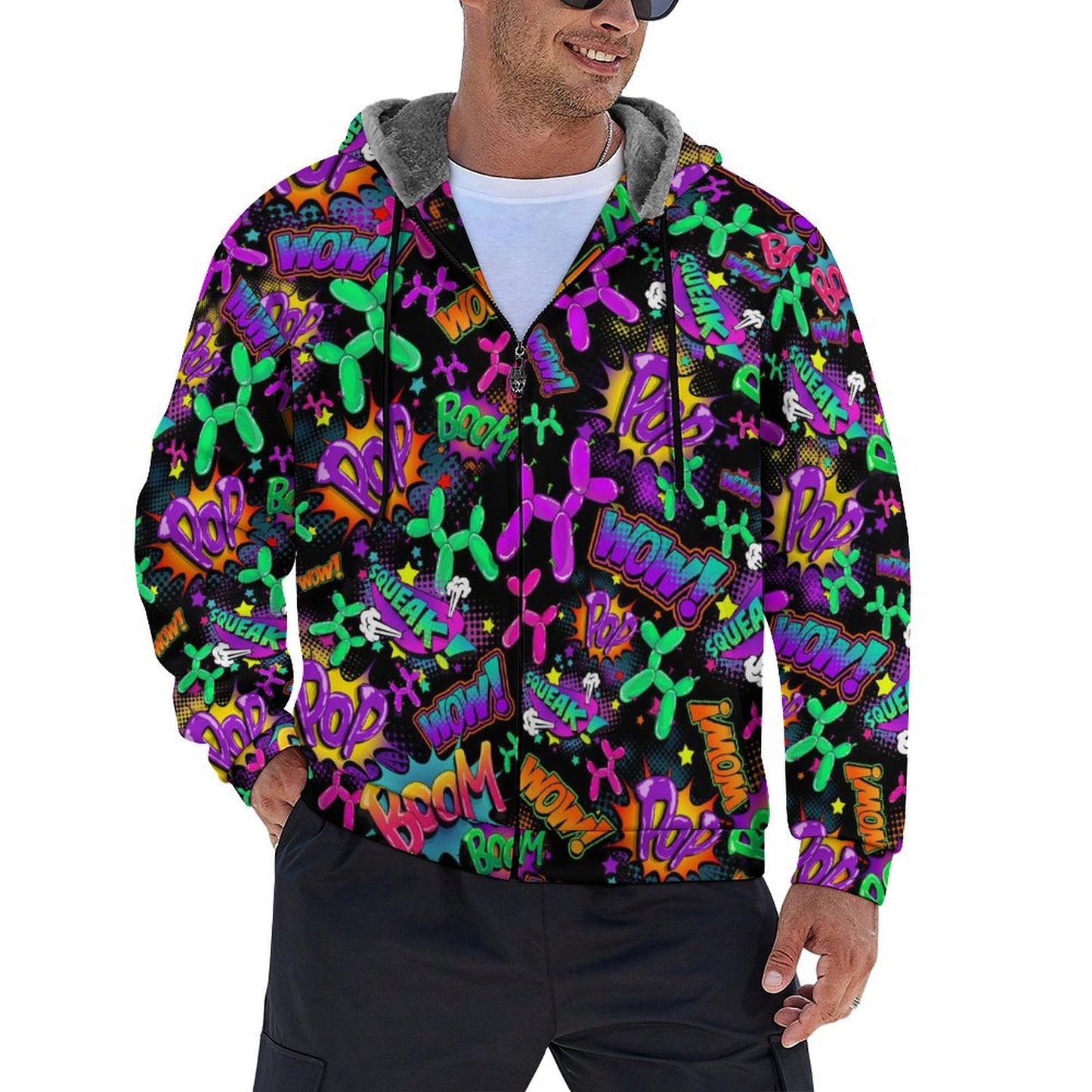Balloon dogs and pop art of fleece lined zip hoodie