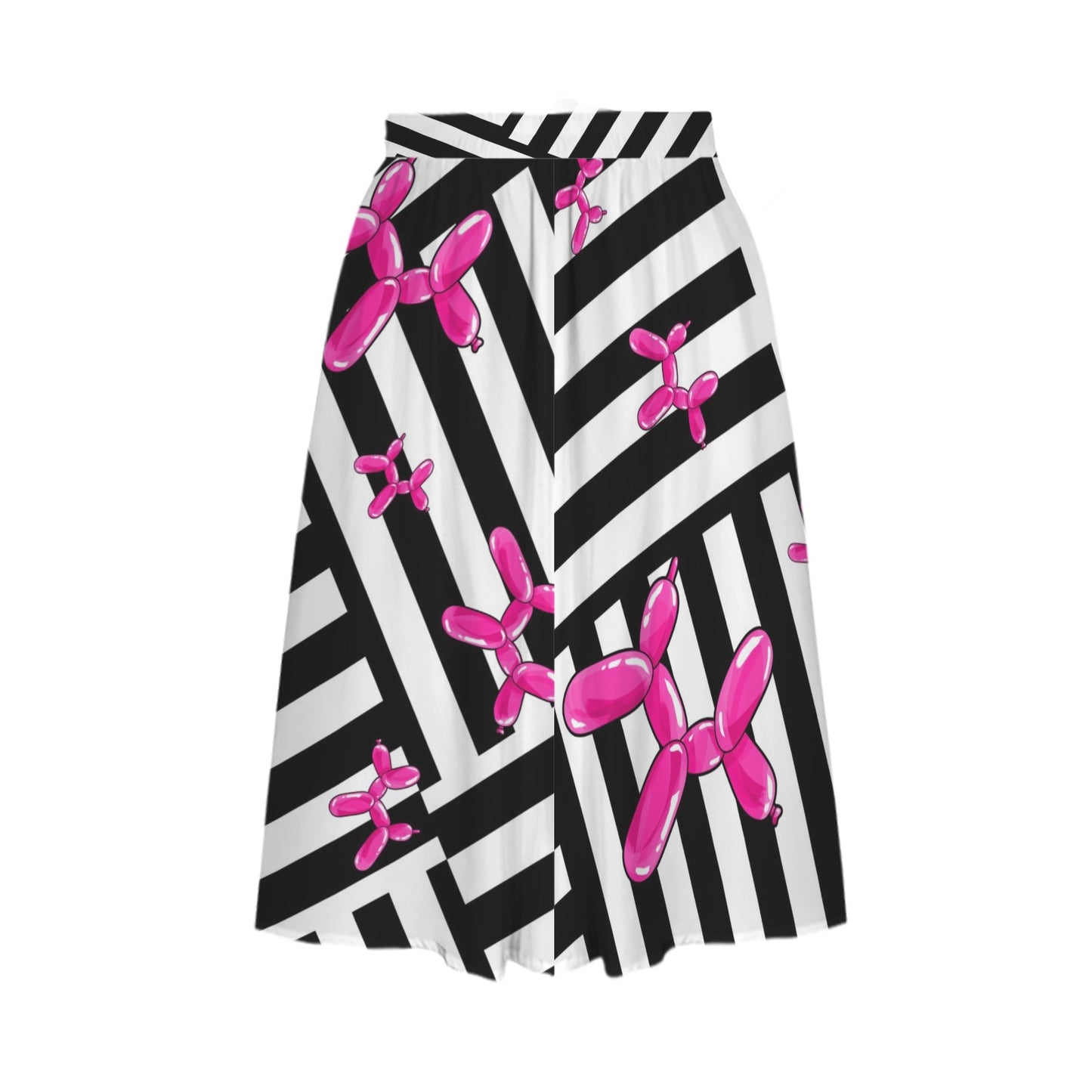 Skirt with black and white striped pattern and pink balloon dog design on a white background