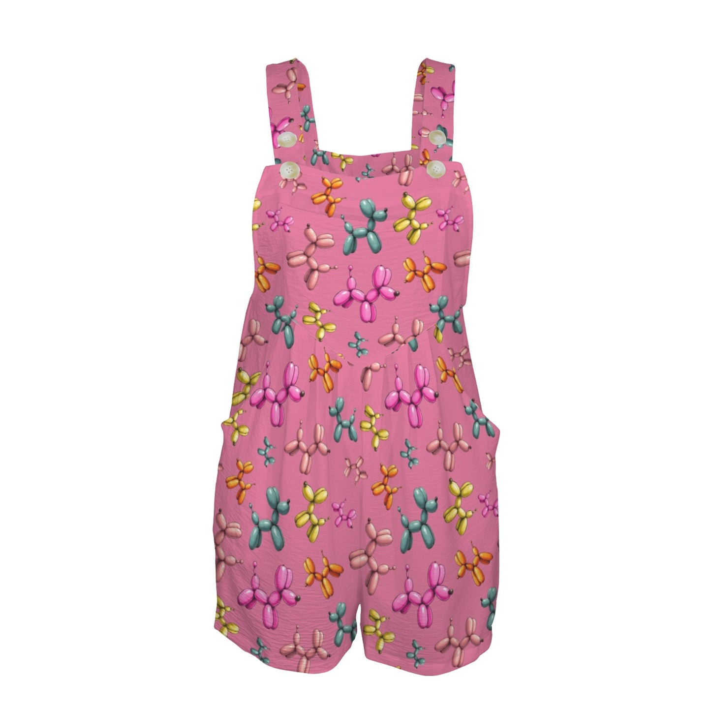 Pink romper with colourful balloon dog pattern on a white background