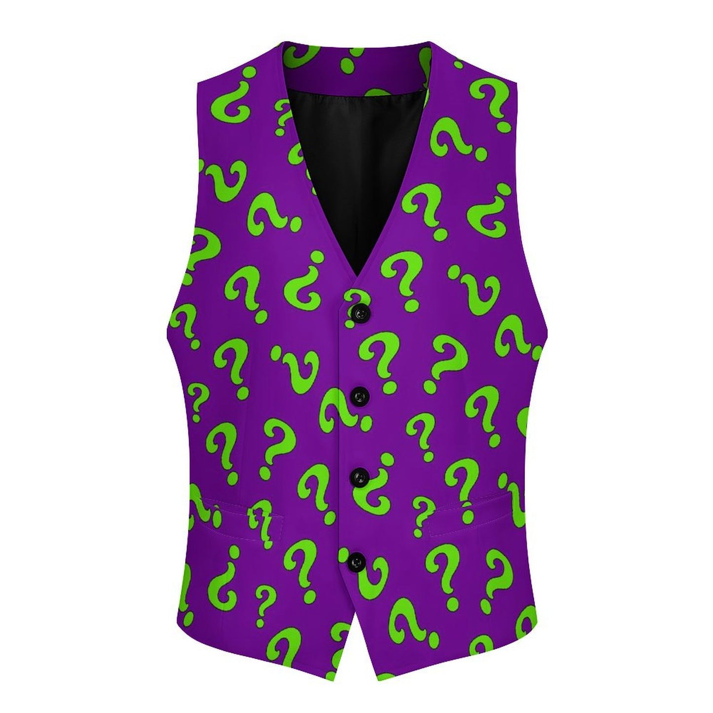 Purple vest with green question marks for magicians and kids entertainers