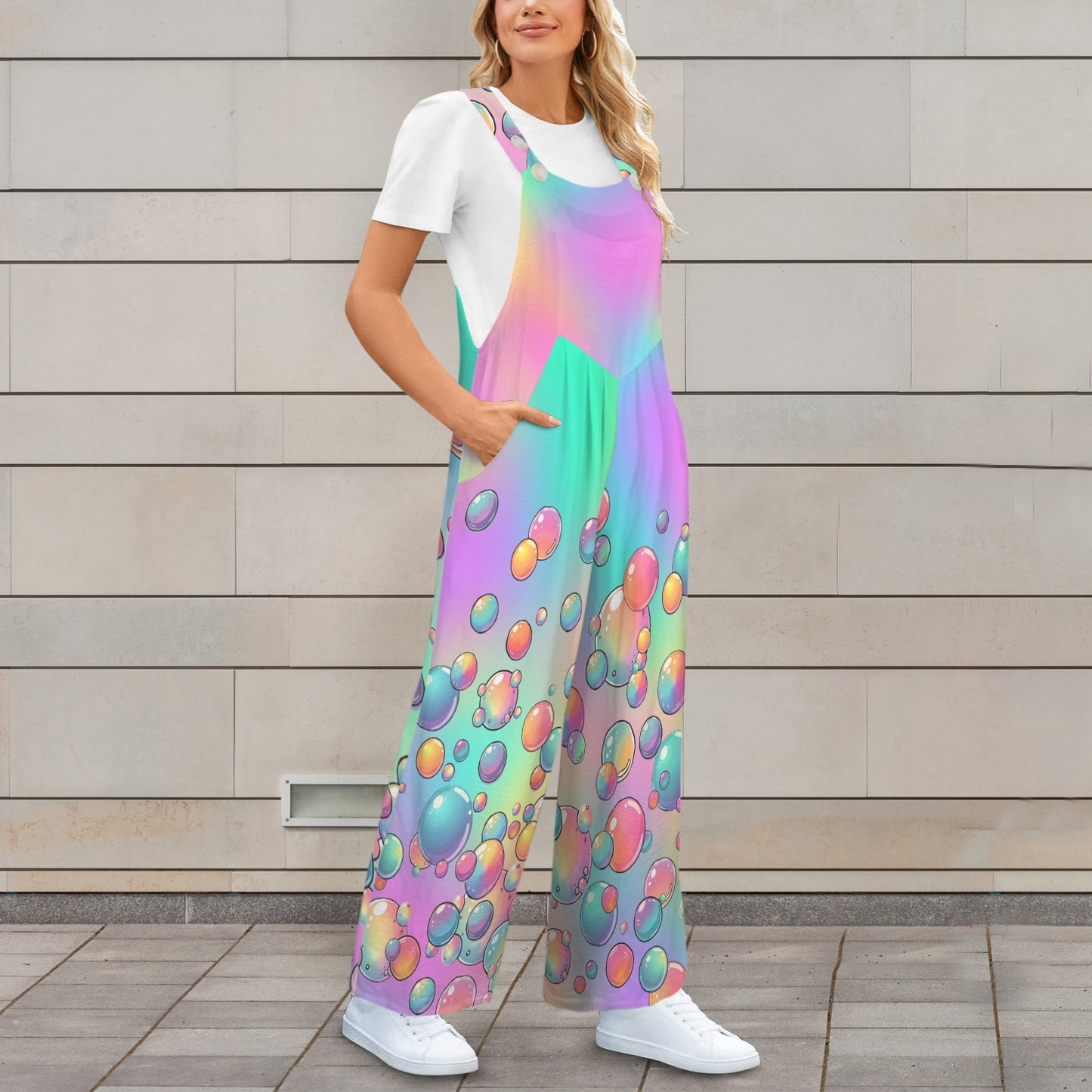 Professional bubble artist overalls with rainbow bubbles