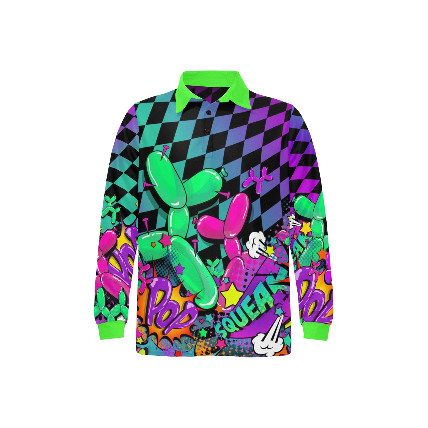 Polo shirt for balloon twisters with pink and green balloon dogs