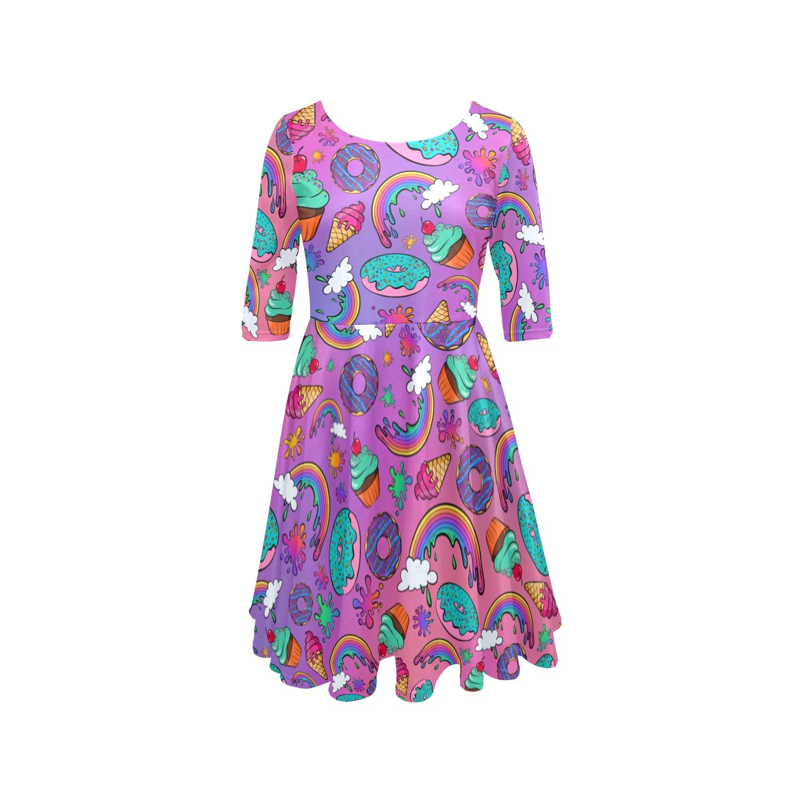 Rainbows, donuts, ice cream and cupcakes on a dress. Colour core Dress 
