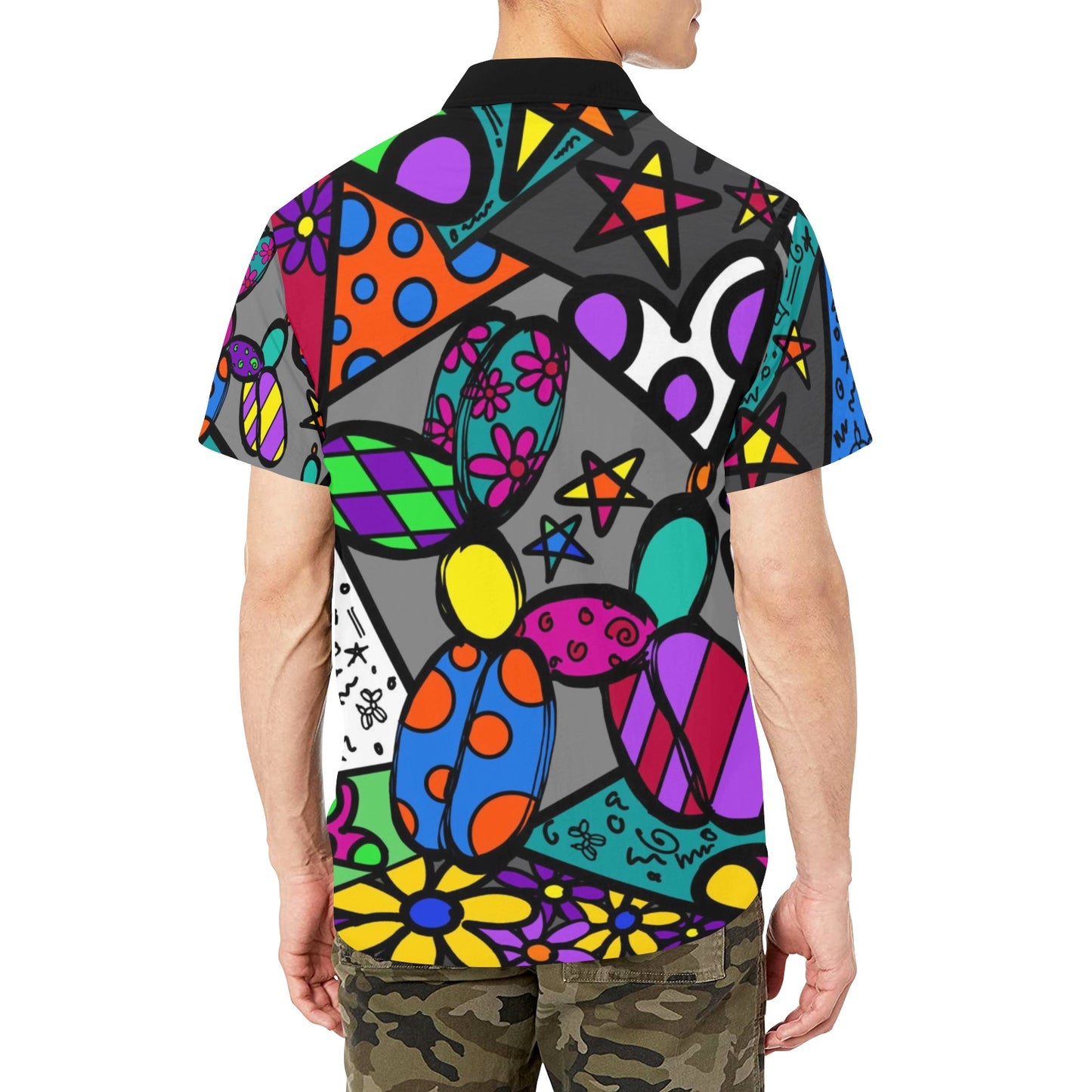 Balloon Twisting shirt with patchwork balloon dogs hearts and stars