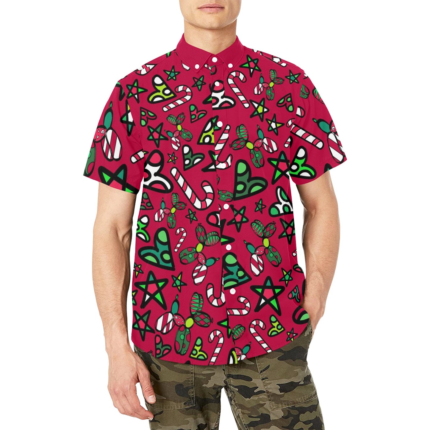 Red Christmas shirt with pockets for balloon twisting