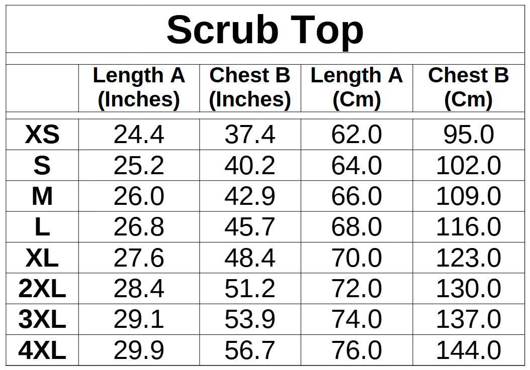 Balloon Dog Apparel Scrubs sizing guide