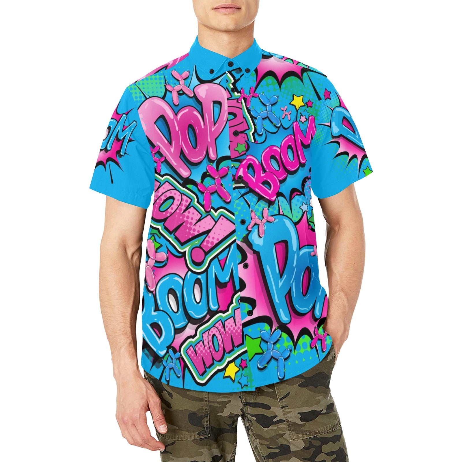 Blue and Pink Balloon dog shirt with chest pocket for professional balloon twisters