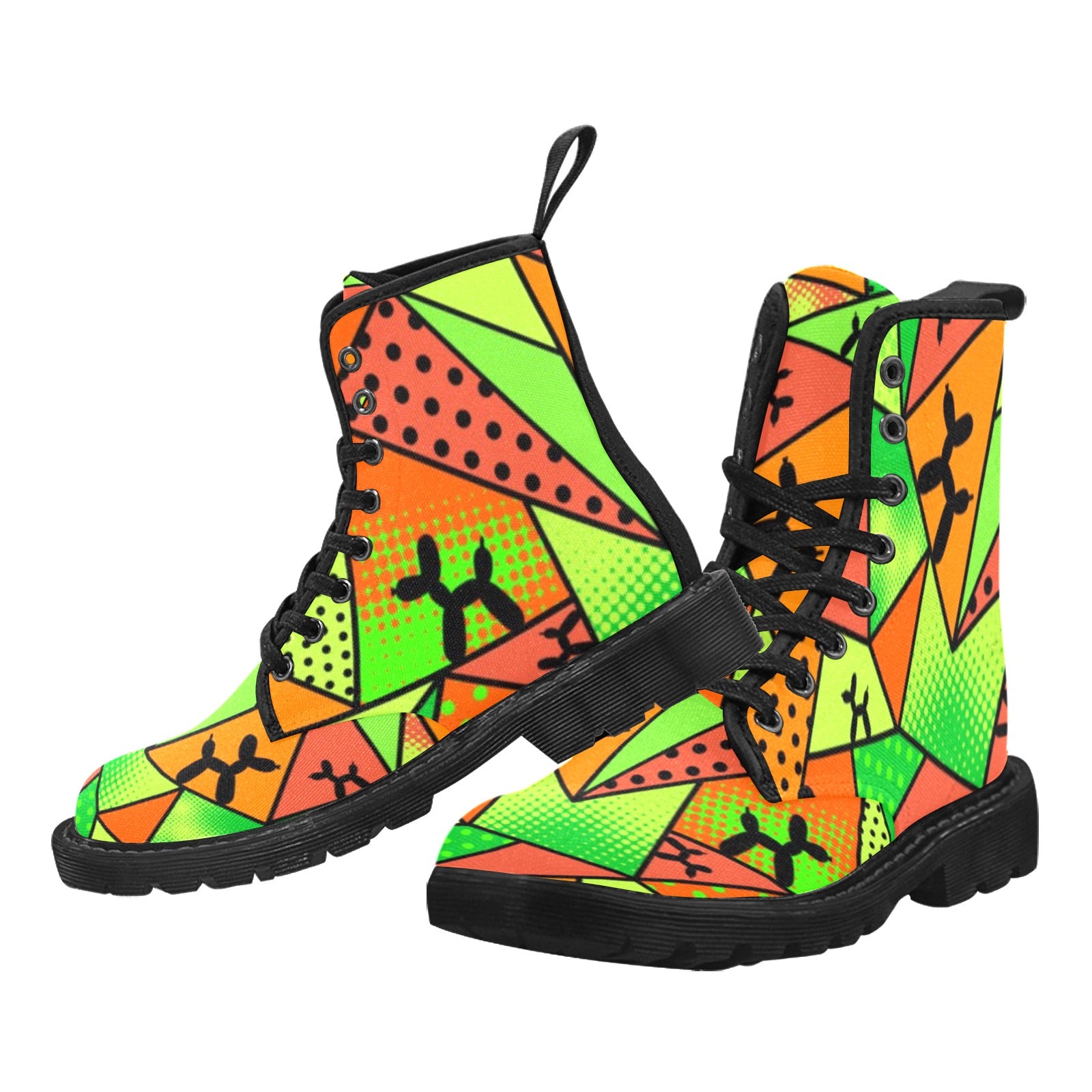 Combat boots for balloon twisters in orange, green, and black colors