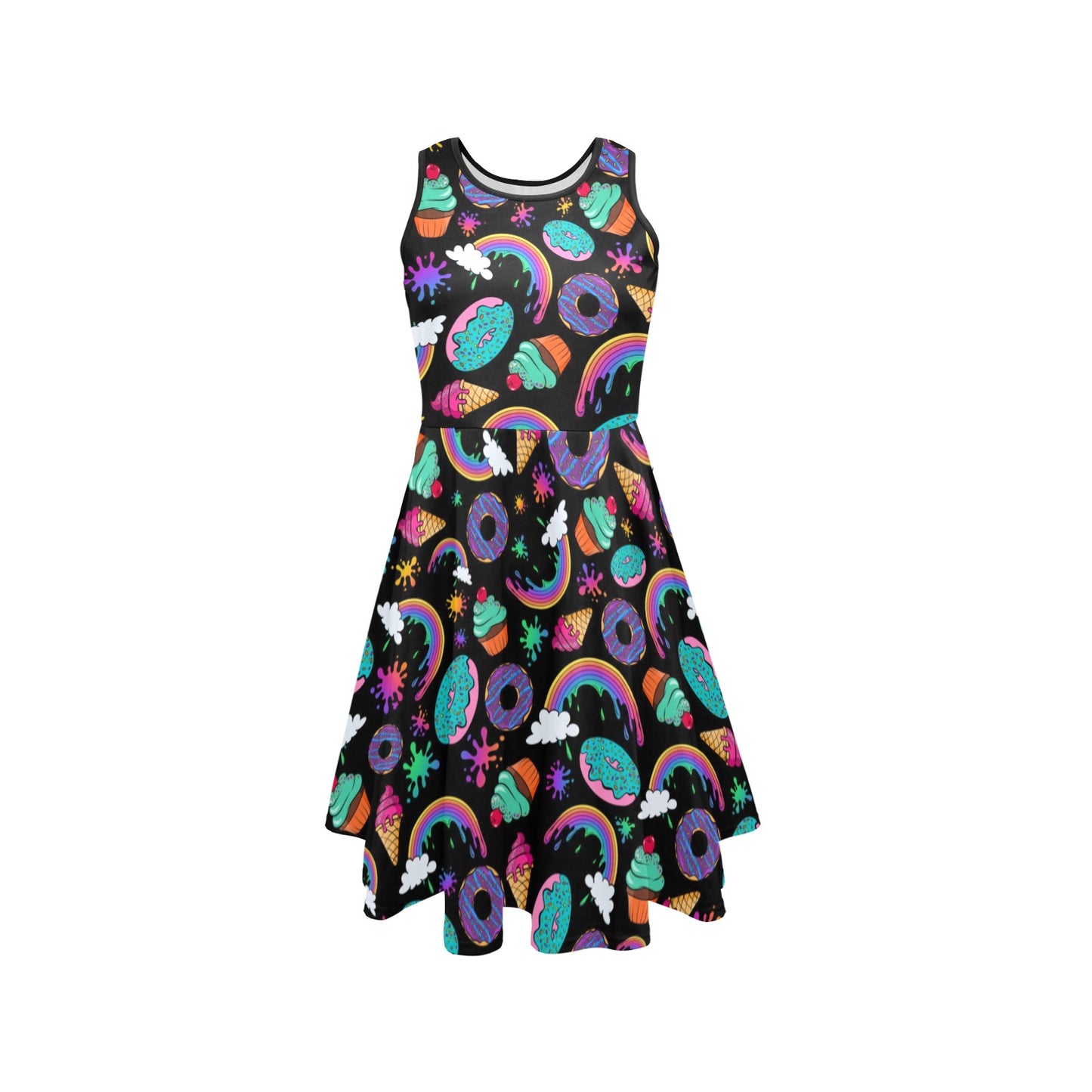 Face Painter dress with rainbows, ice cream, donuts and cup cakes on black