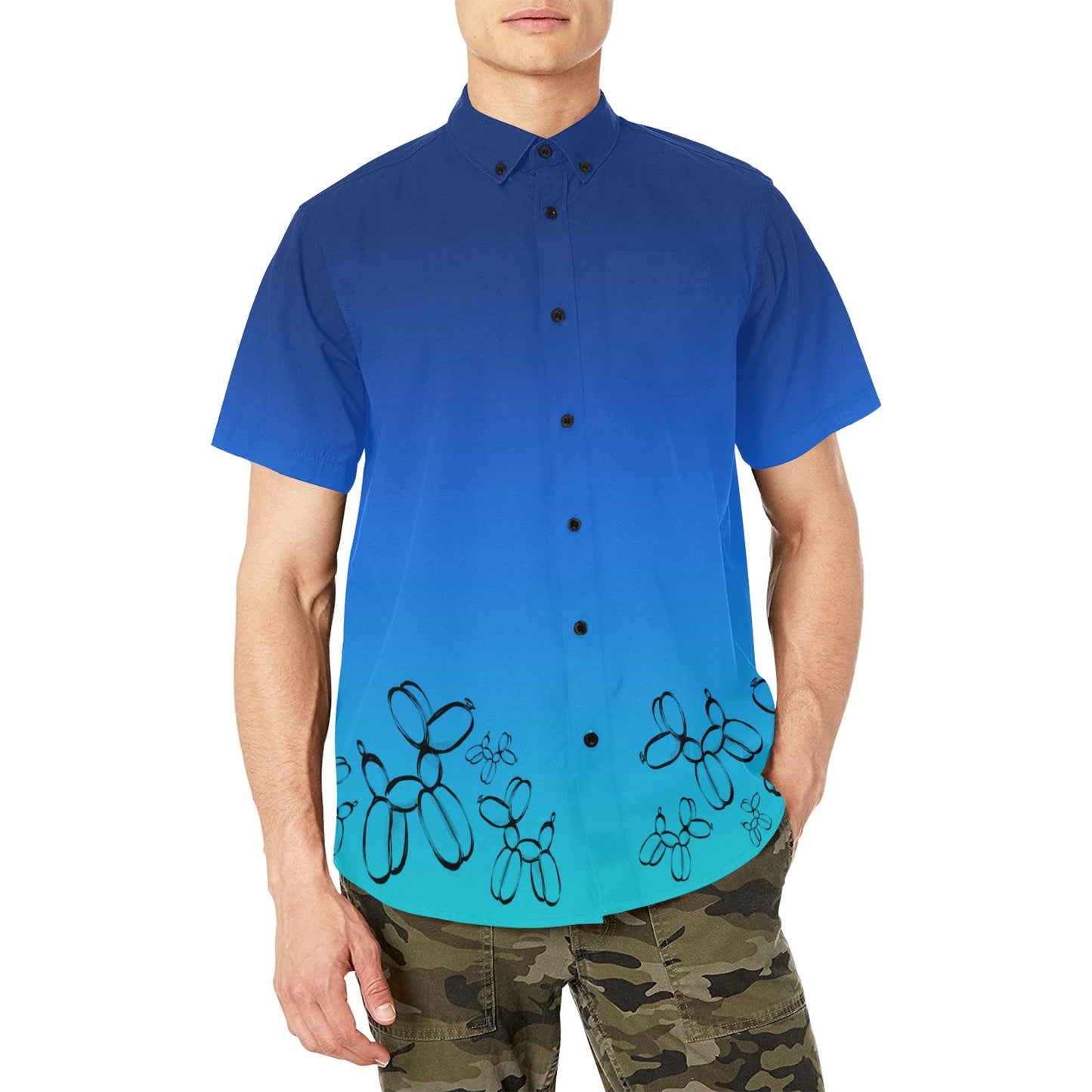 Blue balloon twisting shirt with balloon dogs