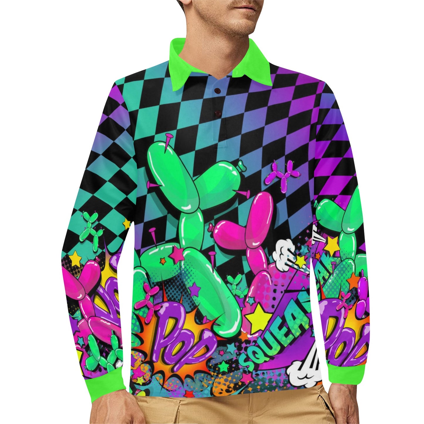 Balloon Twister Long Sleeve Polo Shirt with balloon dogs
