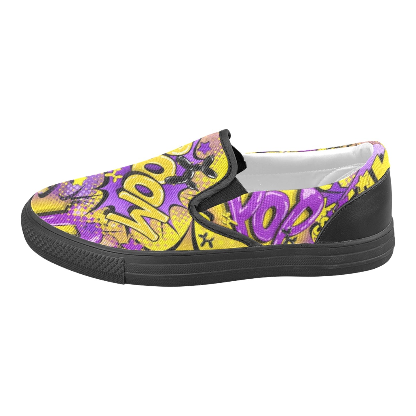 Fun yellow and purple slip on shoes for kids entertainers