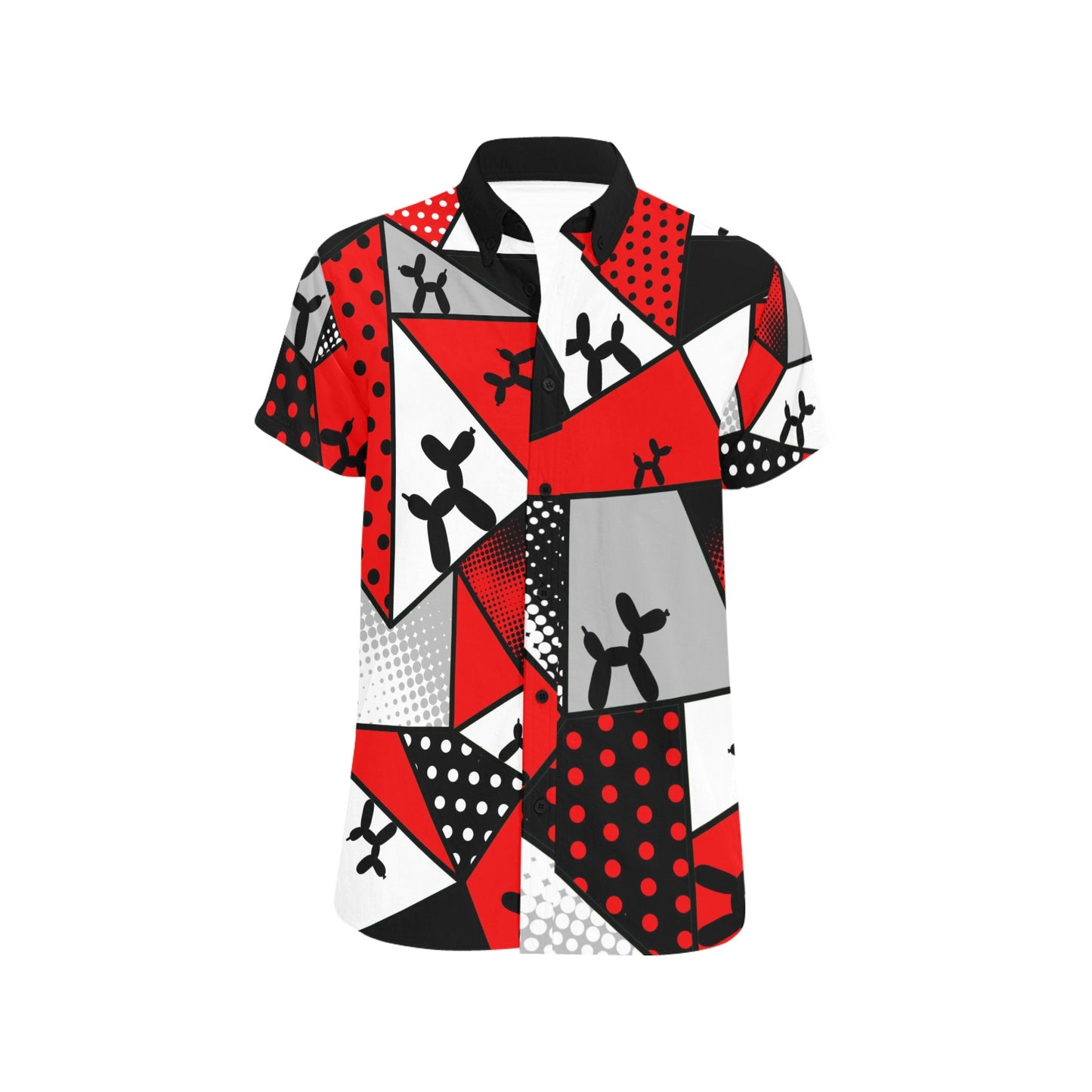 red, black and white button up shirt with balloon dogs