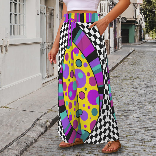 Colourful Clowning patterned pants being worn on a street.